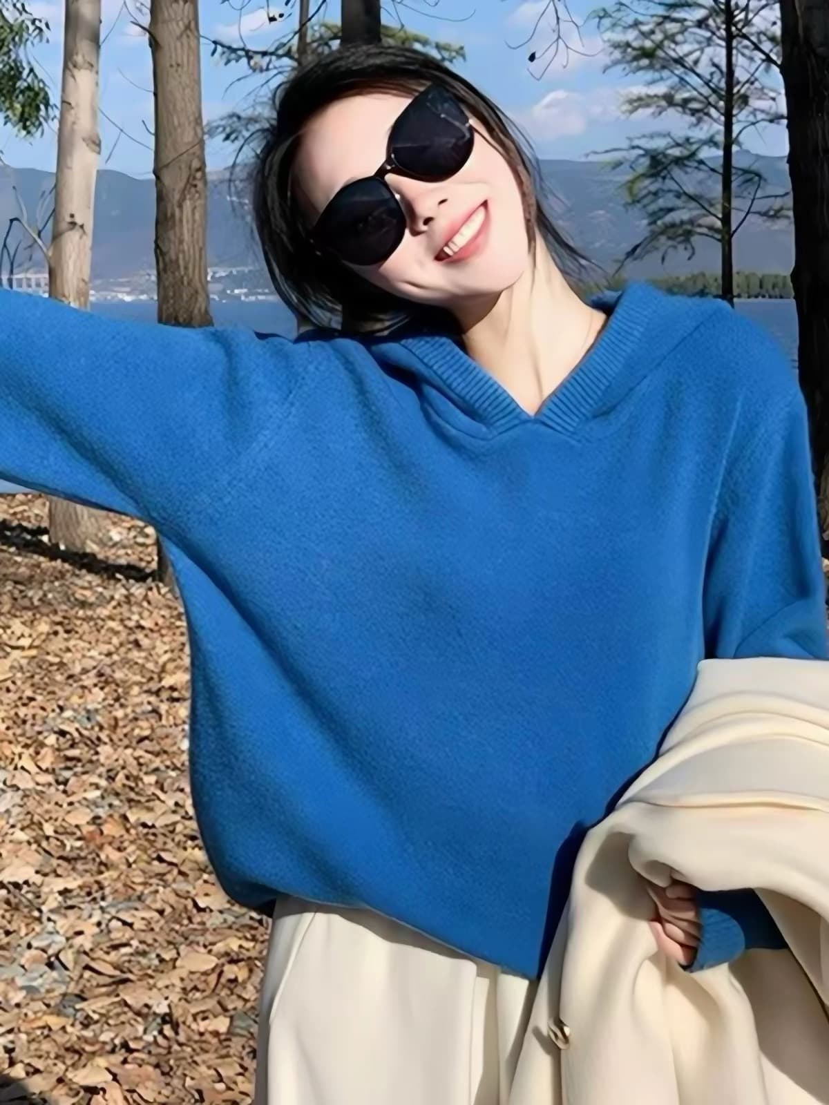 톰 글 래 원인 파란색 후드 스웨터 여자 늦가을 초기 겨울 착용 가져 가라. 2026 새로운 느긋한 고급 센스 니트 맨위 이미지 4