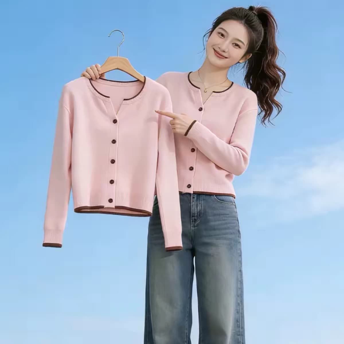 봄 가을 새로운 배색 고급 센스 니트 오픈 가디건 여성 품격 슬림해 보이는 작은 키 한 부서 다용도 긴팔 맨위 이미지 2