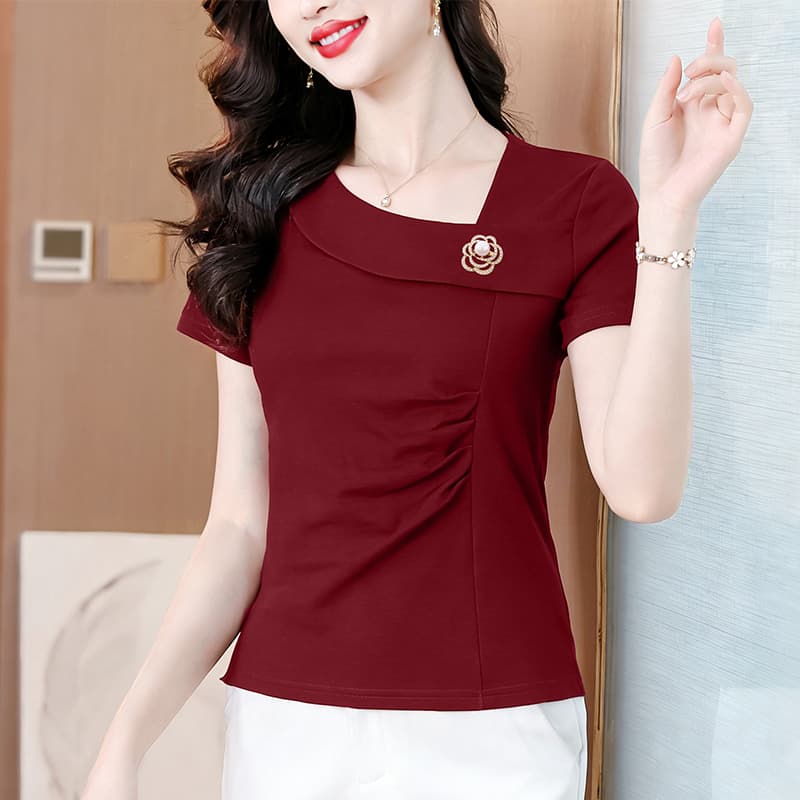 여름 신제품 패션 해군 칼라 단색 반팔 티셔츠 캐주얼 다용도 어머니 드레스 디스플레이 화이트 슬림해 보이는 풀오버 작은 셔츠 이미지 2