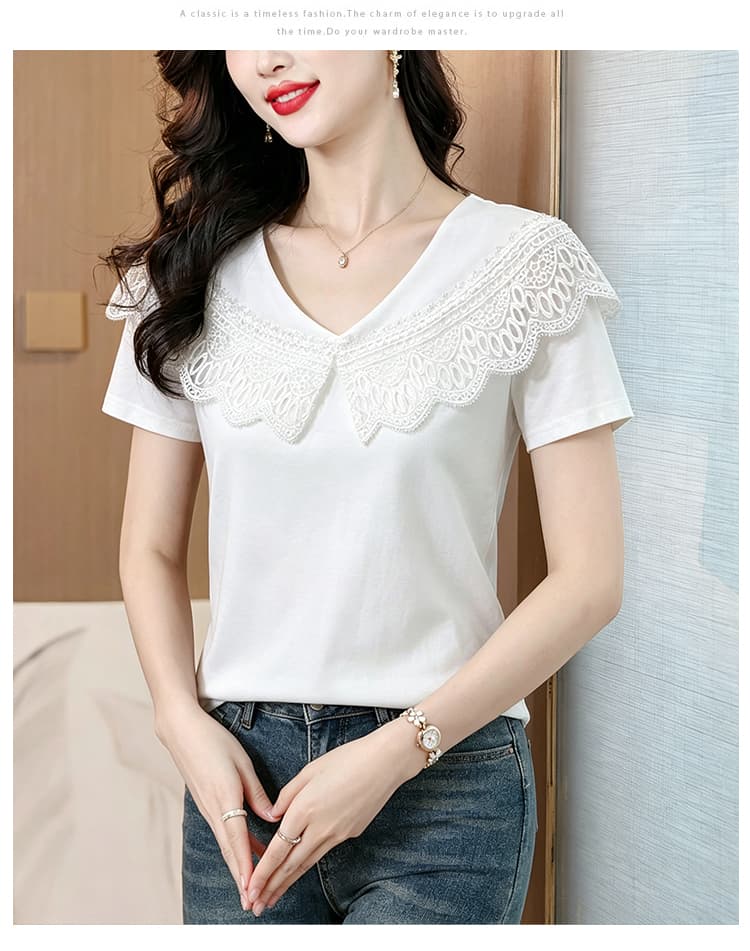 V넥 레이스 조각 비즈 박기 디자인 반팔 여름 새로운 패션 외국 가스 슬림해 보이는 여성 의류 i 품격 티셔츠 맨위 상세 이미지 13