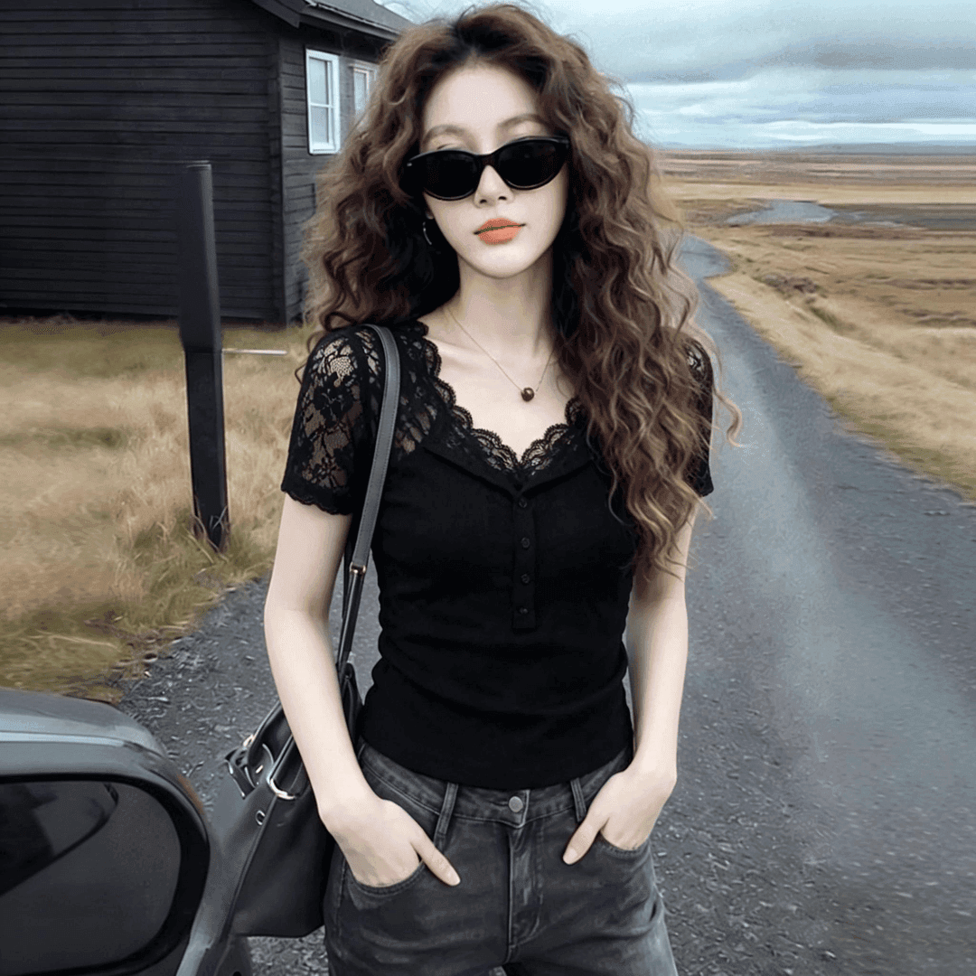 경관 그림 출퇴근 바람 검정색 레이스 조각 V넥 티셔츠 여성 2026 여름 새로운 고급 사소한 품격 맨위 상세 이미지 1