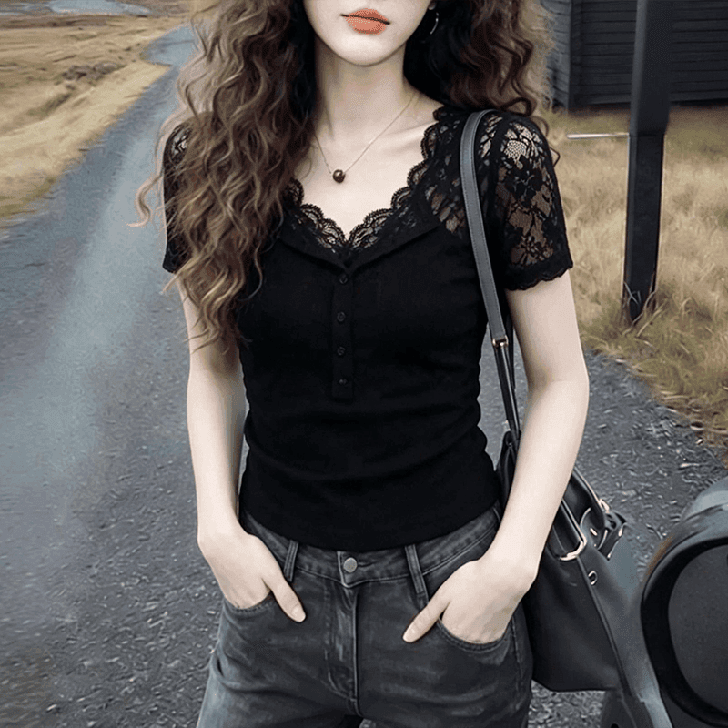 경관 그림 출퇴근 바람 검정색 레이스 조각 V넥 티셔츠 여성 2026 여름 새로운 고급 사소한 품격 맨위 상세 이미지 3