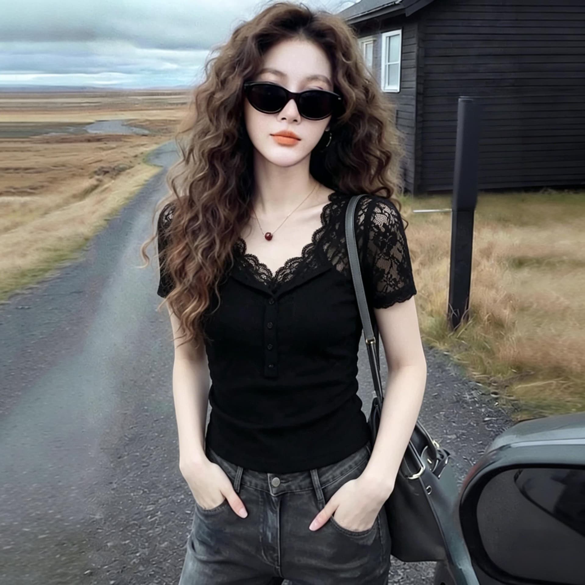 경관 그림 출퇴근 바람 검정색 레이스 조각 V넥 티셔츠 여성 2026 여름 새로운 고급 사소한 품격 맨위 상세 이미지 9