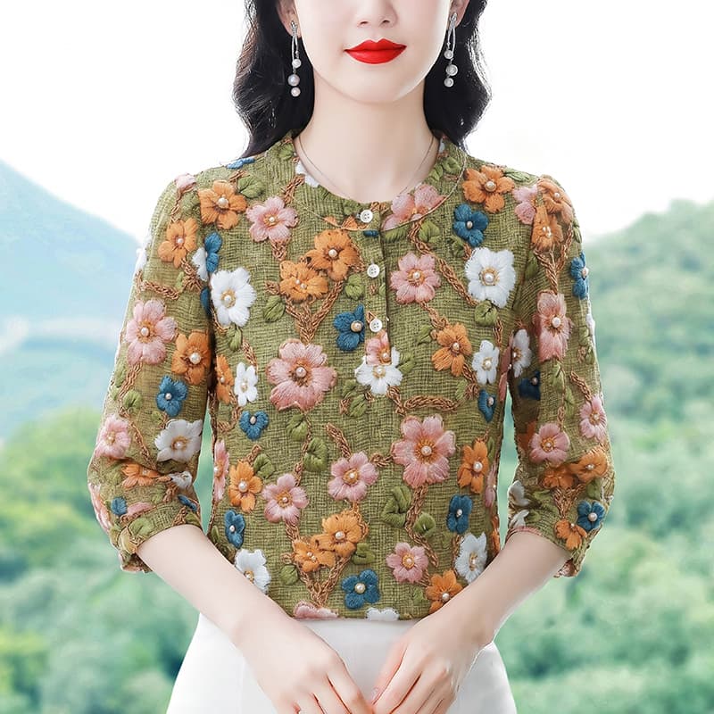 고급 7부 소매 라운드 넥 패션 꽃무늬 맨위 여성 2026 여름 새로운 외국 가스 표지 고기 얇은 스타일 슬림해 보이는 작은 셔츠