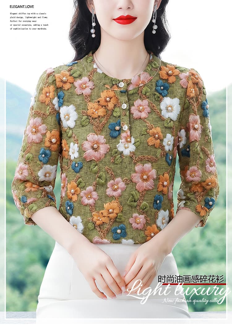 고급 7부 소매 라운드 넥 패션 꽃무늬 맨위 여성 2026 여름 새로운 외국 가스 표지 고기 얇은 스타일 슬림해 보이는 작은 셔츠 상세 이미지 1