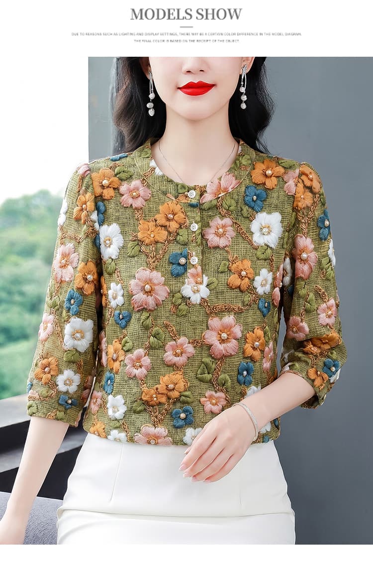 고급 7부 소매 라운드 넥 패션 꽃무늬 맨위 여성 2026 여름 새로운 외국 가스 표지 고기 얇은 스타일 슬림해 보이는 작은 셔츠 상세 이미지 12