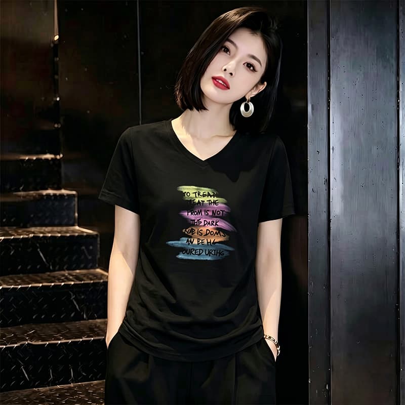 패션 캐주얼 프린트 반팔 티셔츠 여성 여름 새로운 루즈핏 표지 배 티셔츠 외국 가스 슬림해 보이는 V넥 맨위 상세 이미지 1