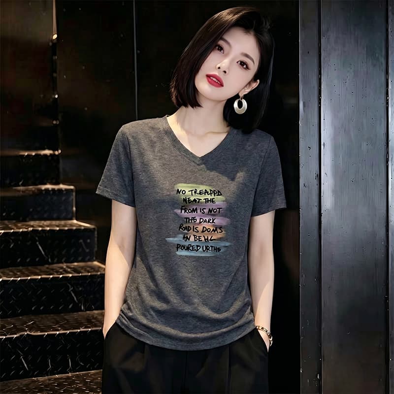 패션 캐주얼 프린트 반팔 티셔츠 여성 여름 새로운 루즈핏 표지 배 티셔츠 외국 가스 슬림해 보이는 V넥 맨위 상세 이미지 5