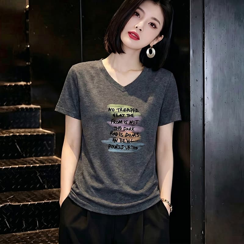 패션 캐주얼 프린트 반팔 티셔츠 여성 여름 새로운 루즈핏 표지 배 티셔츠 외국 가스 슬림해 보이는 V넥 맨위 상세 이미지 6