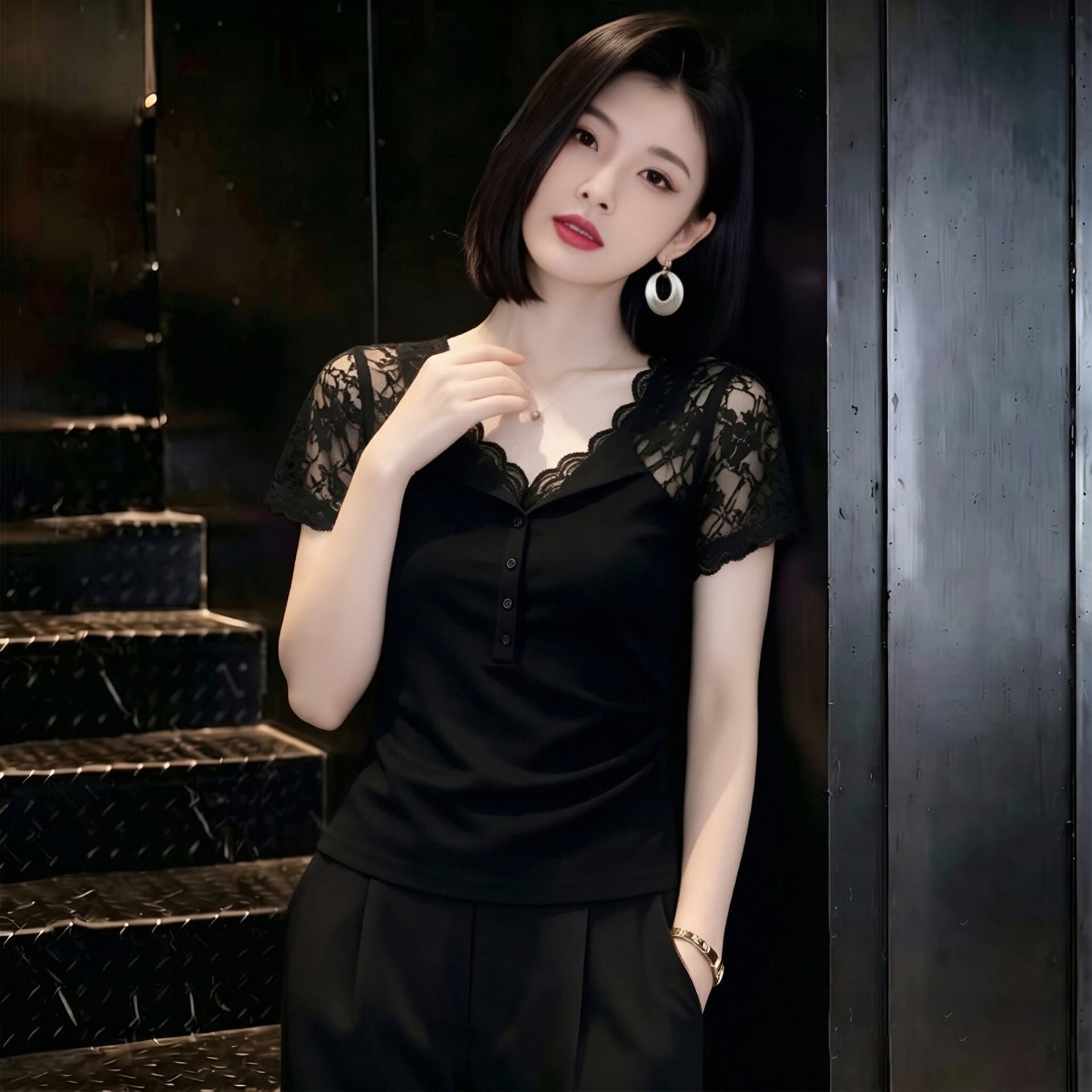 검정색 레이스 홀로우 아웃 V넥 반팔 티셔츠 여성 여름 품격 로얄 자매 디자인 센스 작은 대중 몸매 가꾸기 슬림해 보이는 맨위 이미지 3