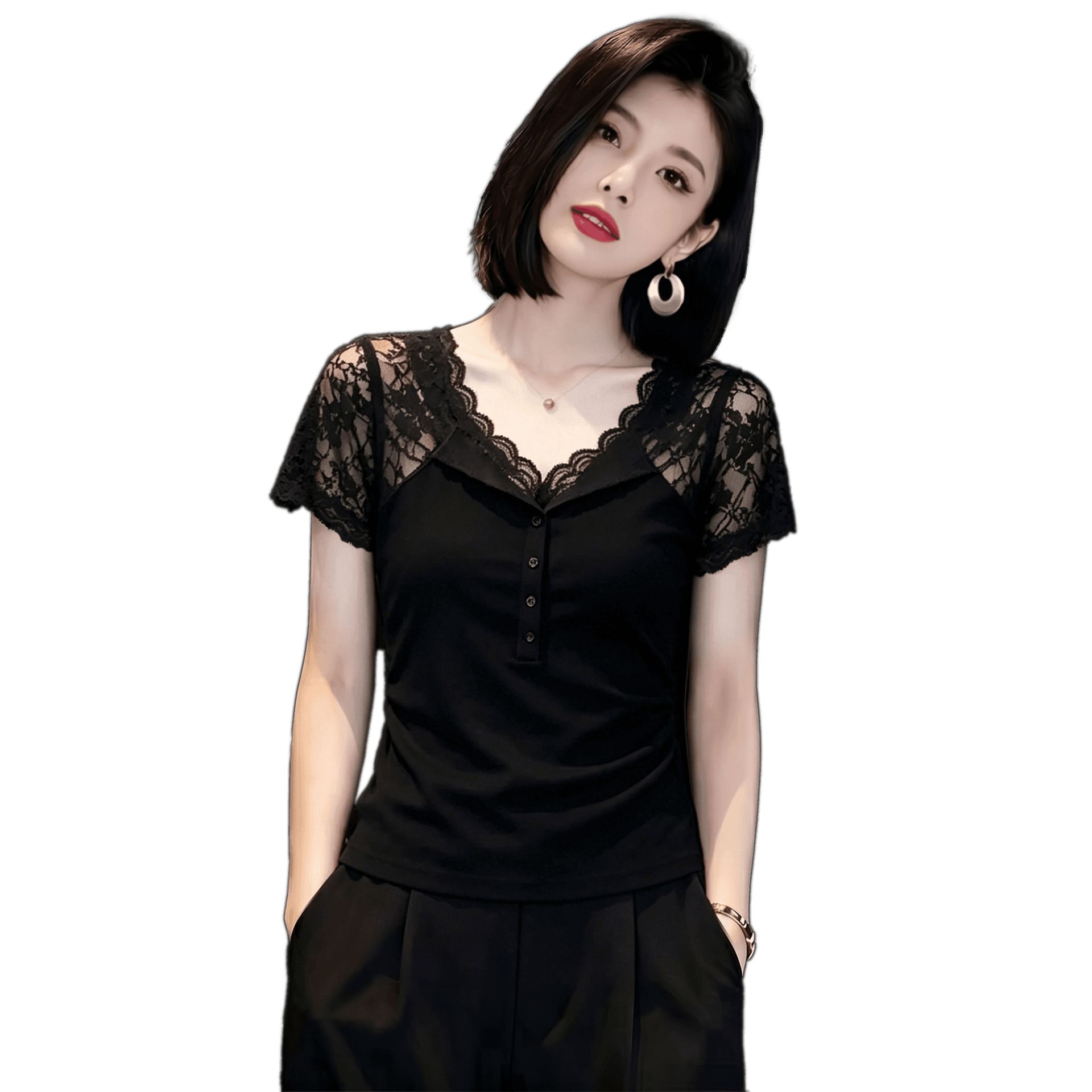 검정색 레이스 홀로우 아웃 V넥 반팔 티셔츠 여성 여름 품격 로얄 자매 디자인 센스 작은 대중 몸매 가꾸기 슬림해 보이는 맨위 이미지 6