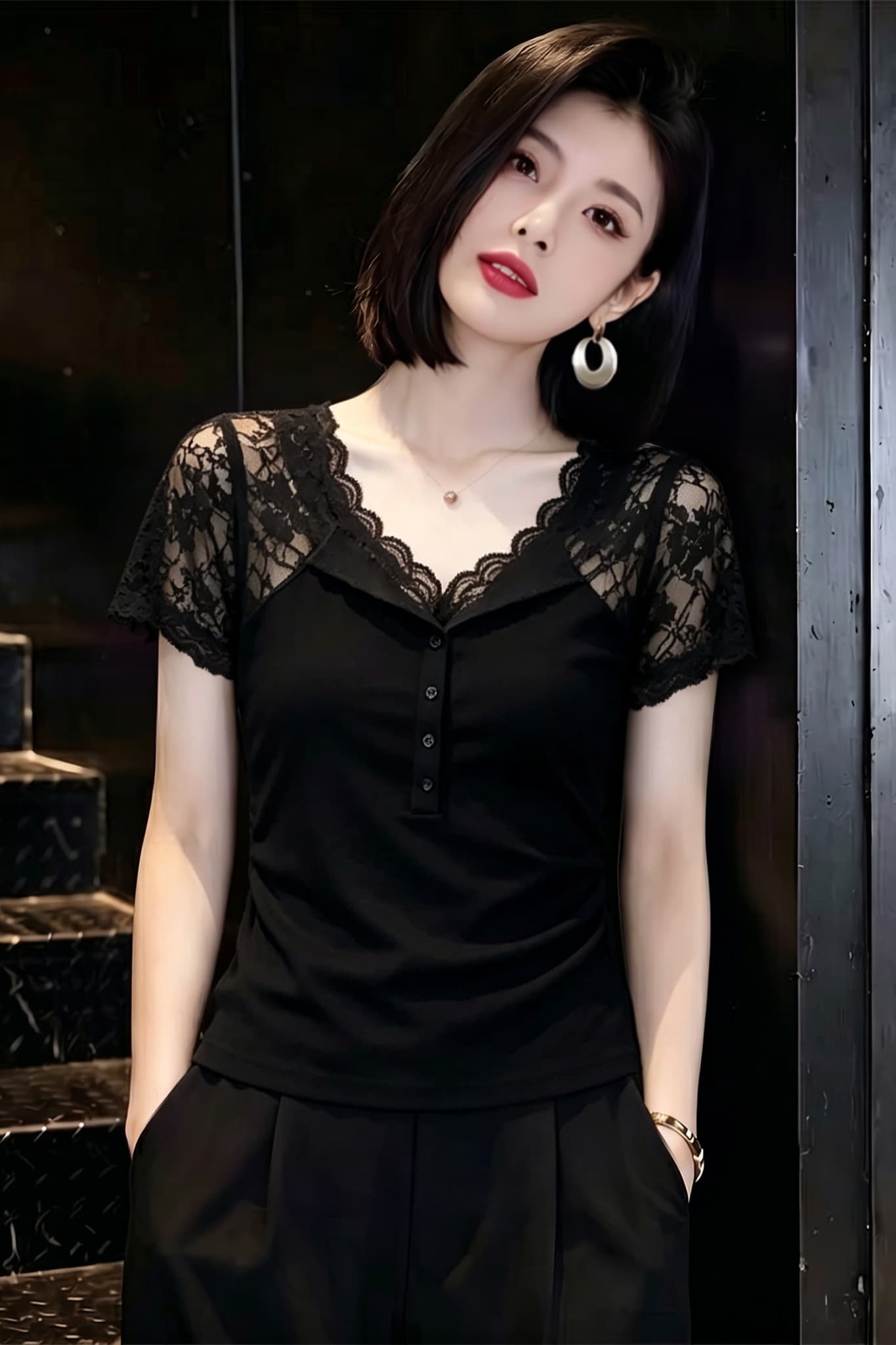검정색 레이스 홀로우 아웃 V넥 반팔 티셔츠 여성 여름 품격 로얄 자매 디자인 센스 작은 대중 몸매 가꾸기 슬림해 보이는 맨위 이미지 7