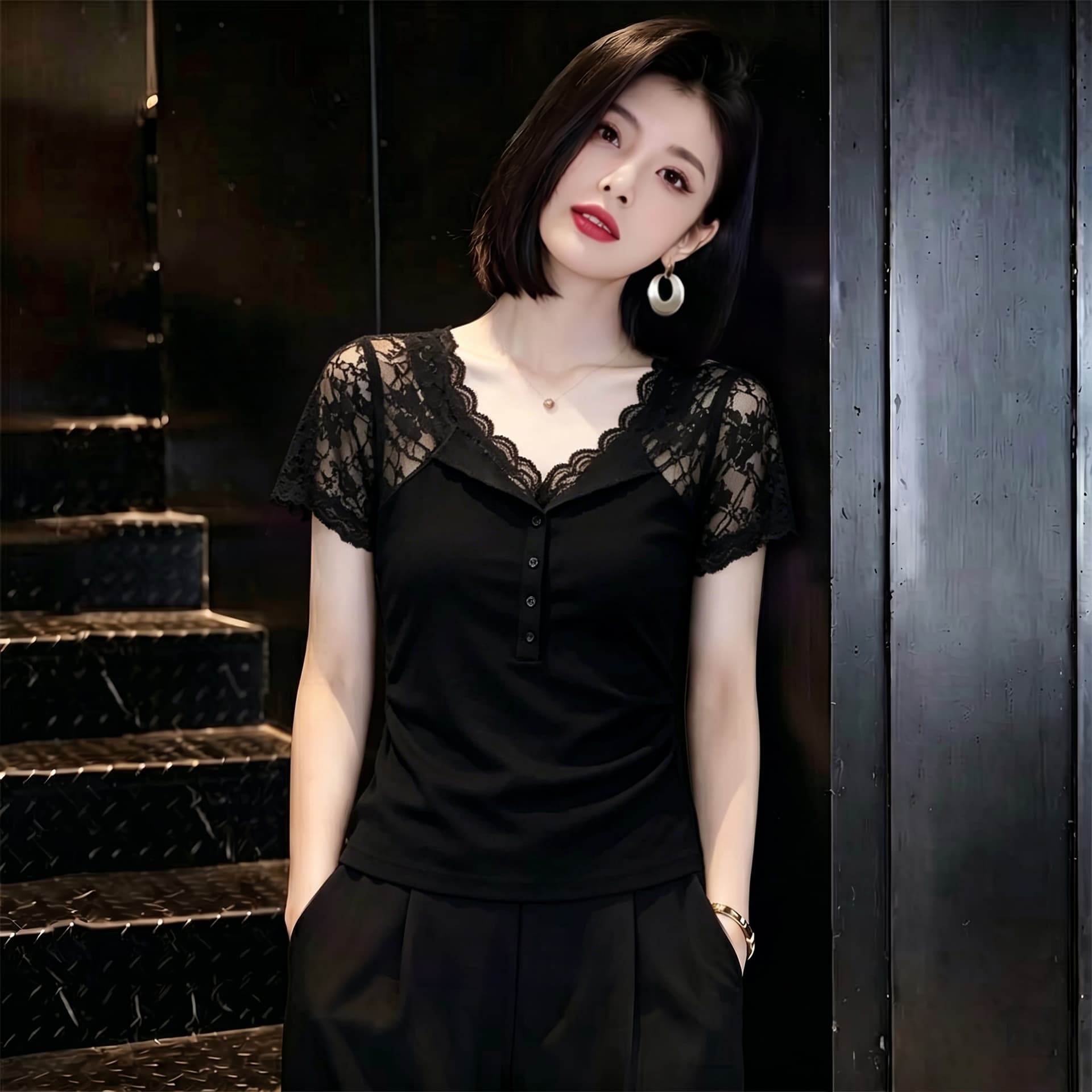 검정색 레이스 홀로우 아웃 V넥 반팔 티셔츠 여성 여름 품격 로얄 자매 디자인 센스 작은 대중 몸매 가꾸기 슬림해 보이는 맨위 상세 이미지 7
