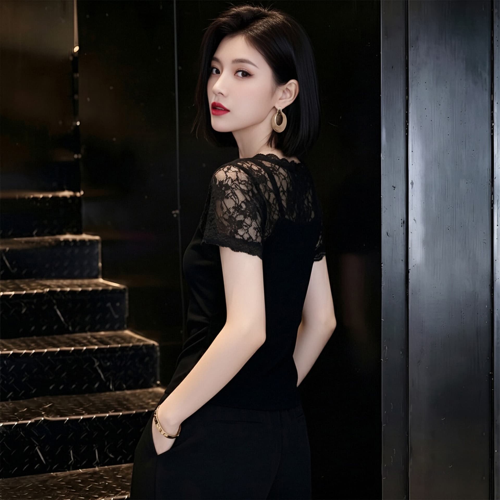 검정색 레이스 홀로우 아웃 V넥 반팔 티셔츠 여성 여름 품격 로얄 자매 디자인 센스 작은 대중 몸매 가꾸기 슬림해 보이는 맨위 상세 이미지 9