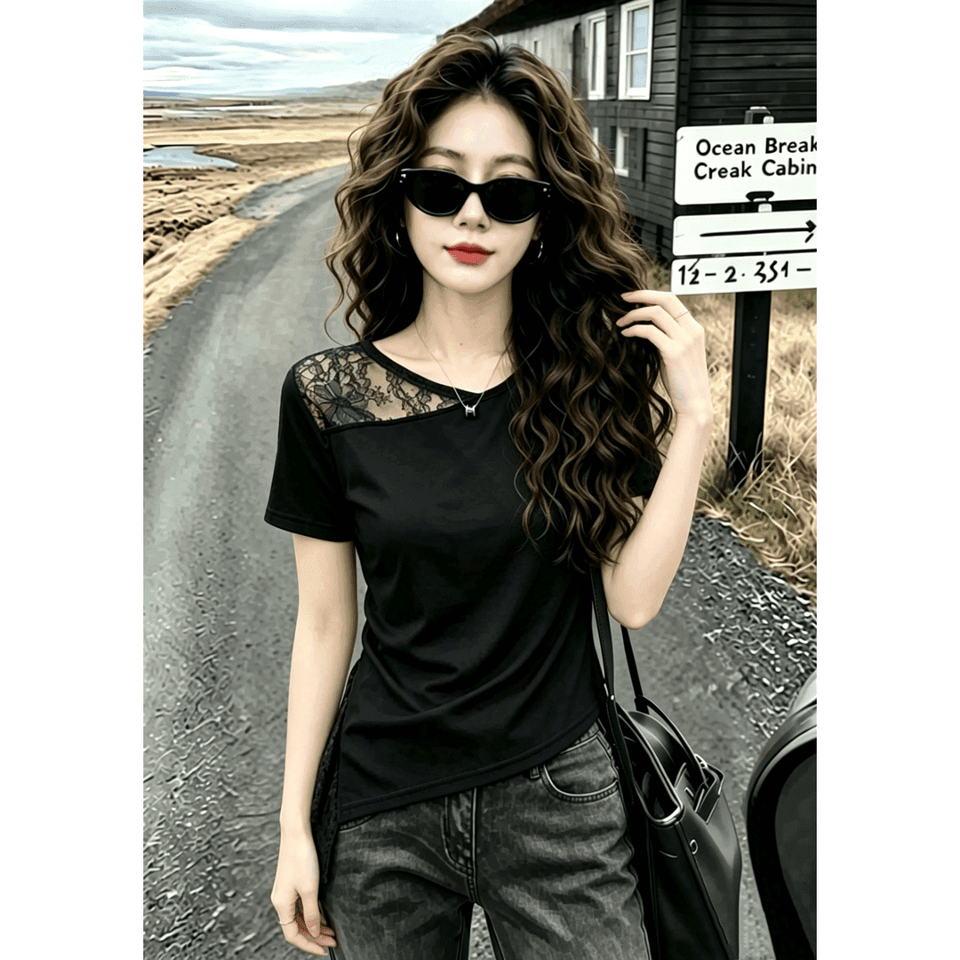 불규칙 주름 패치워크 티셔츠 여름 새로운 외국 가스 d 디자인 섹션 여성 슬림해 보이는 작은 키 쇼트 스타일 맨위 여성