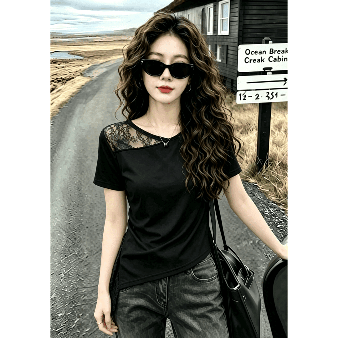 불규칙 주름 패치워크 티셔츠 여름 새로운 외국 가스 d 디자인 섹션 여성 슬림해 보이는 작은 키 쇼트 스타일 맨위 여성 이미지 2
