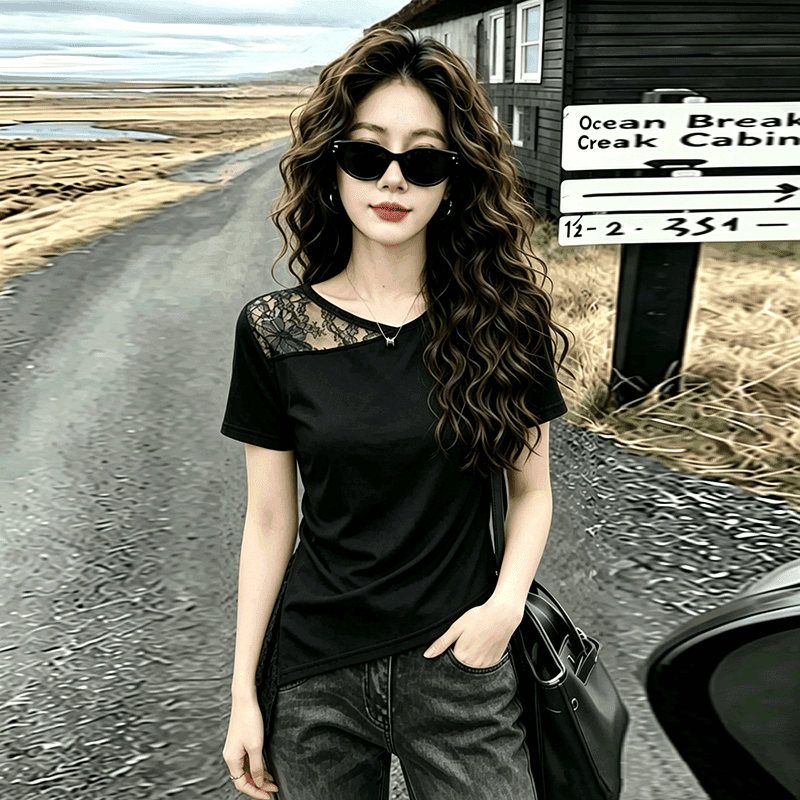 불규칙 주름 패치워크 티셔츠 여름 새로운 외국 가스 d 디자인 섹션 여성 슬림해 보이는 작은 키 쇼트 스타일 맨위 여성 상세 이미지 2