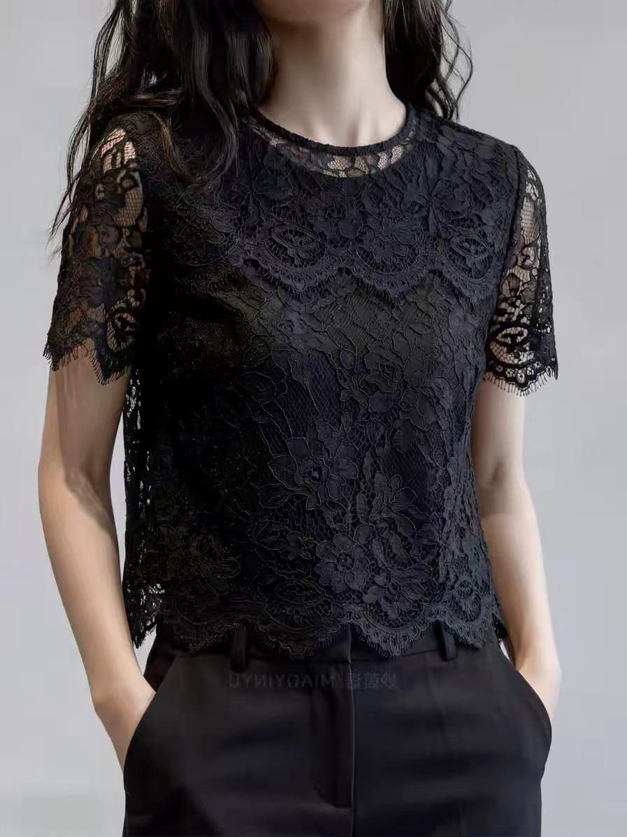 2026 여름 새로운 빛 요리 한 품격 바람 검정색 레이스 반팔 맨위 여성 홀로우 아웃 레이스 슬림해 보이는 다용도 출퇴근 이미지 3