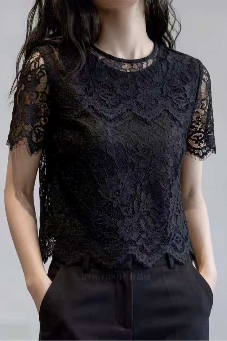 2026 여름 새로운 빛 요리 한 품격 바람 검정색 레이스 반팔 맨위 여성 홀로우 아웃 레이스 슬림해 보이는 다용도 출퇴근 이미지 6
