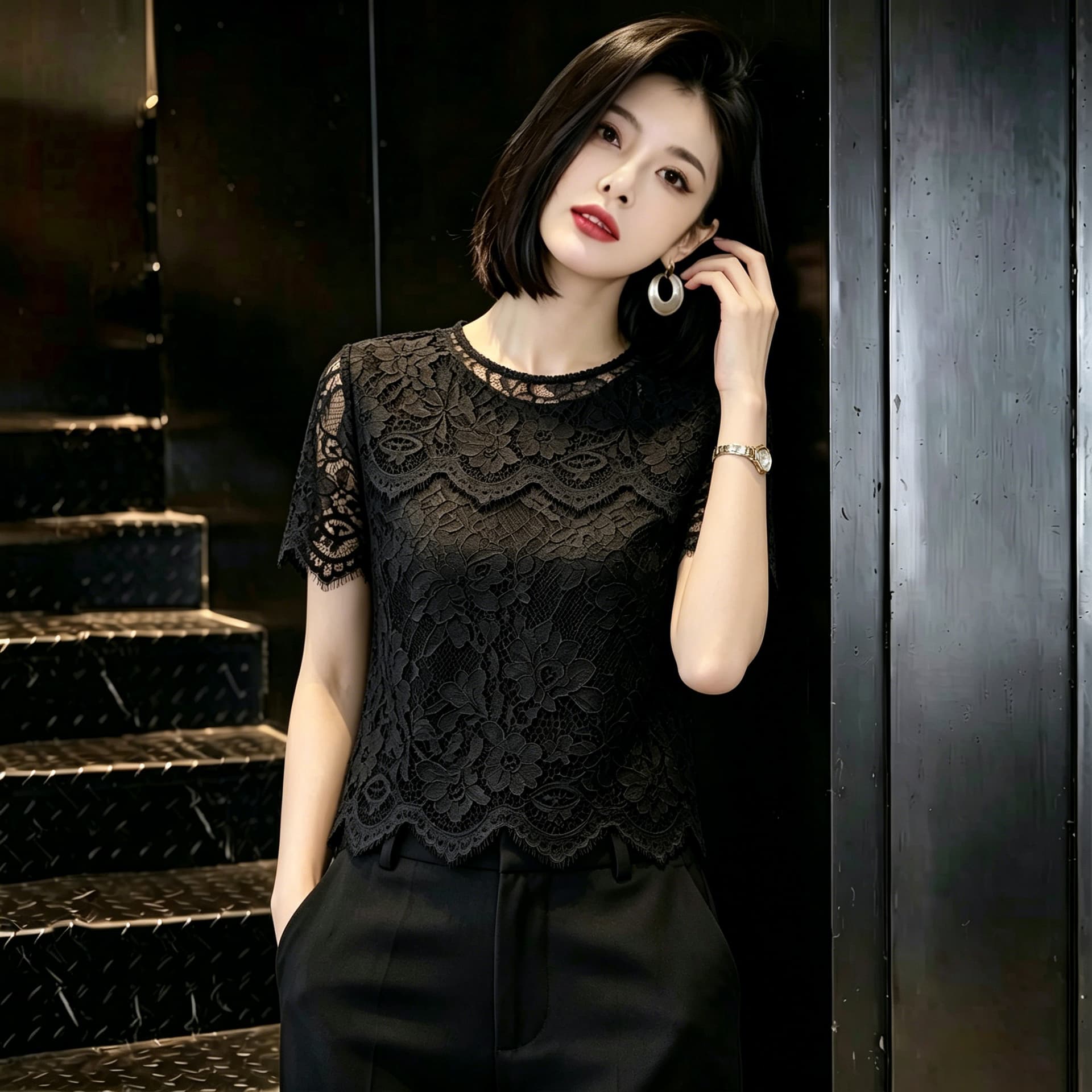 검정색 라운드 넥 레이스 레이스 자수 여성 2026 여름 새로운 빛 요리 한 바람 품격 고급 센스 슬림해 보이는 맨위 상세 이미지 4
