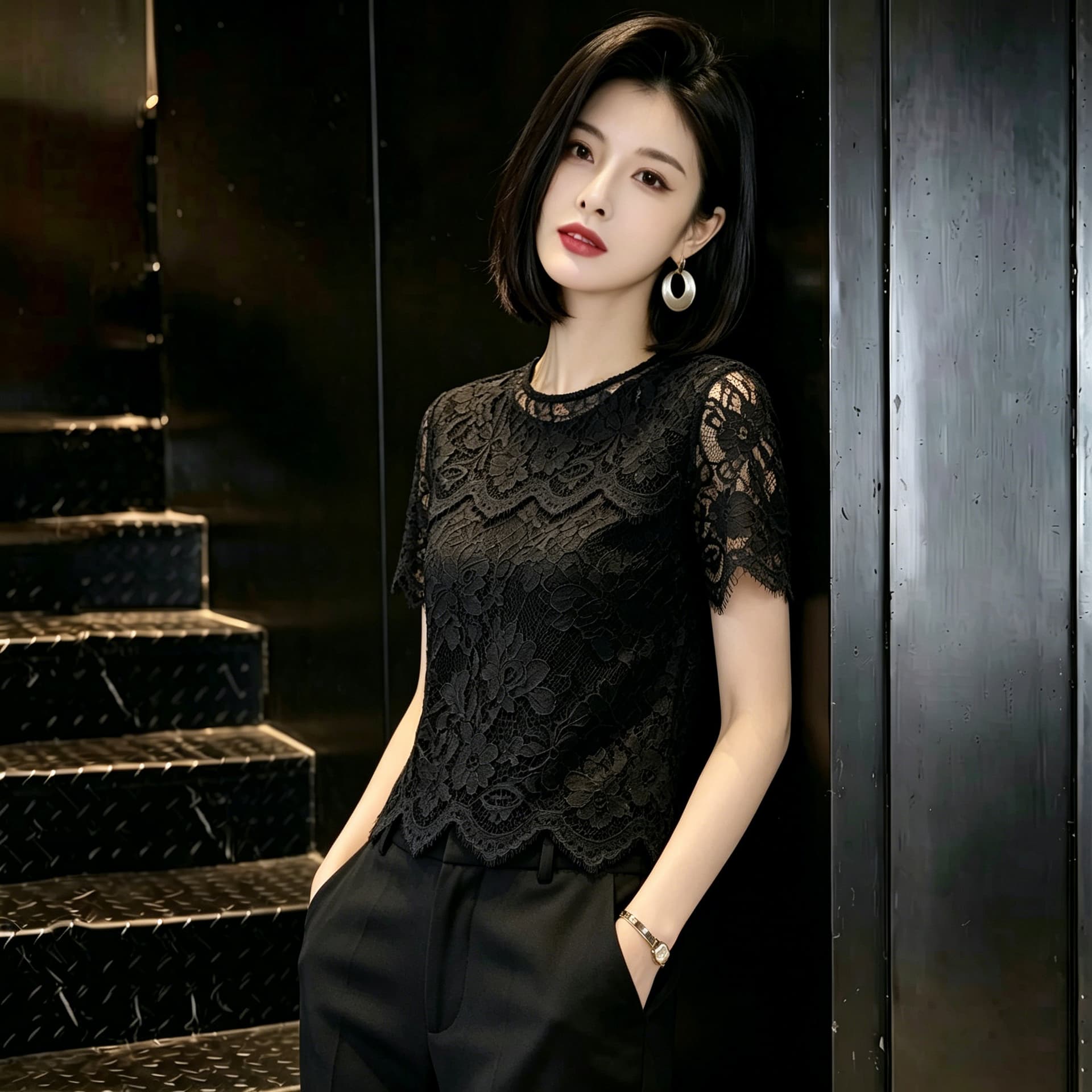 검정색 라운드 넥 레이스 레이스 자수 여성 2026 여름 새로운 빛 요리 한 바람 품격 고급 센스 슬림해 보이는 맨위 상세 이미지 6