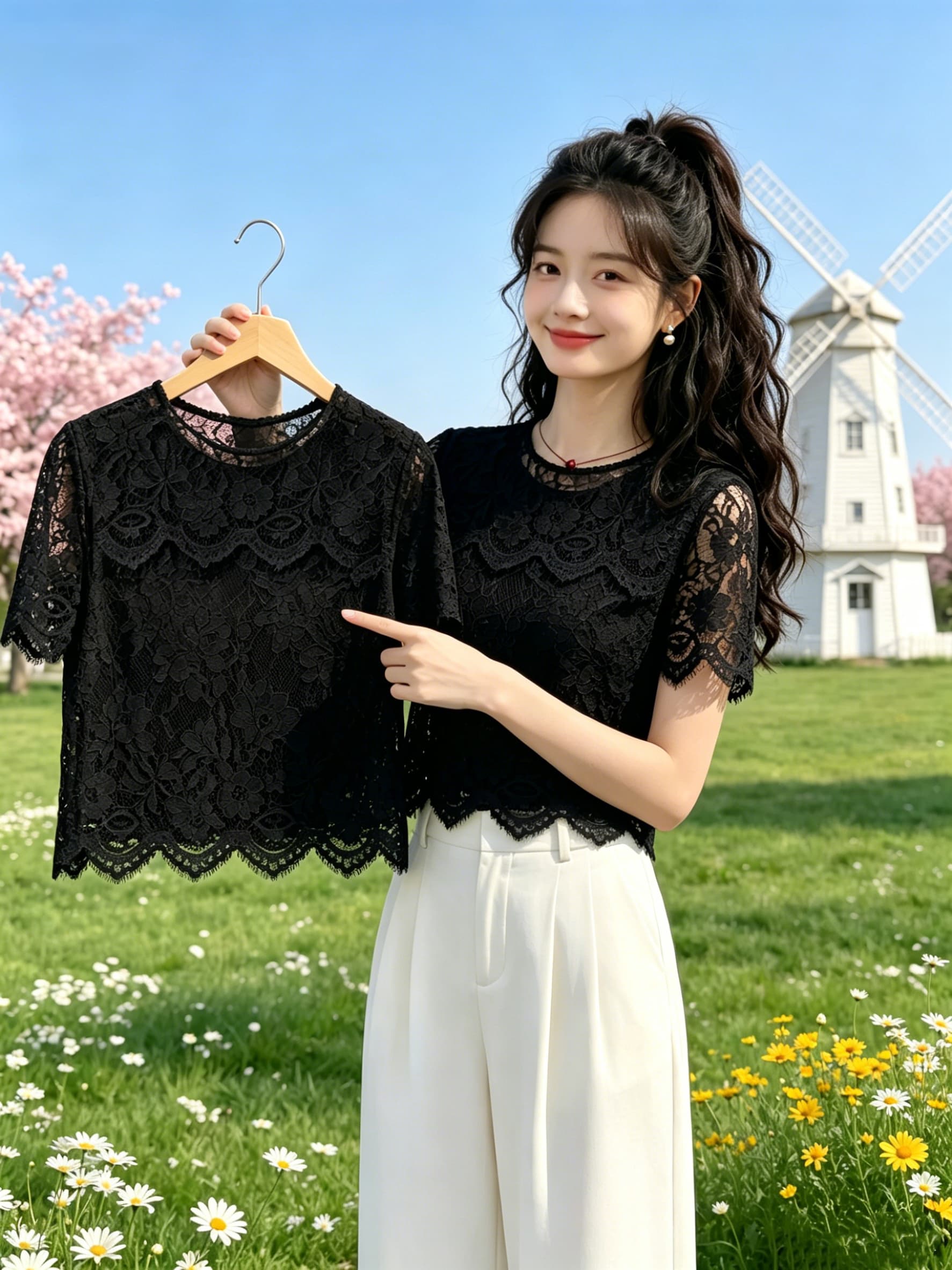 고급 레이스 홀로우 아웃 티셔츠 여성 여름 새로운 디자인 센스 작은 대중 Chic 루즈핏 패션 라운드 넥 반팔 맨위 상세 이미지 1