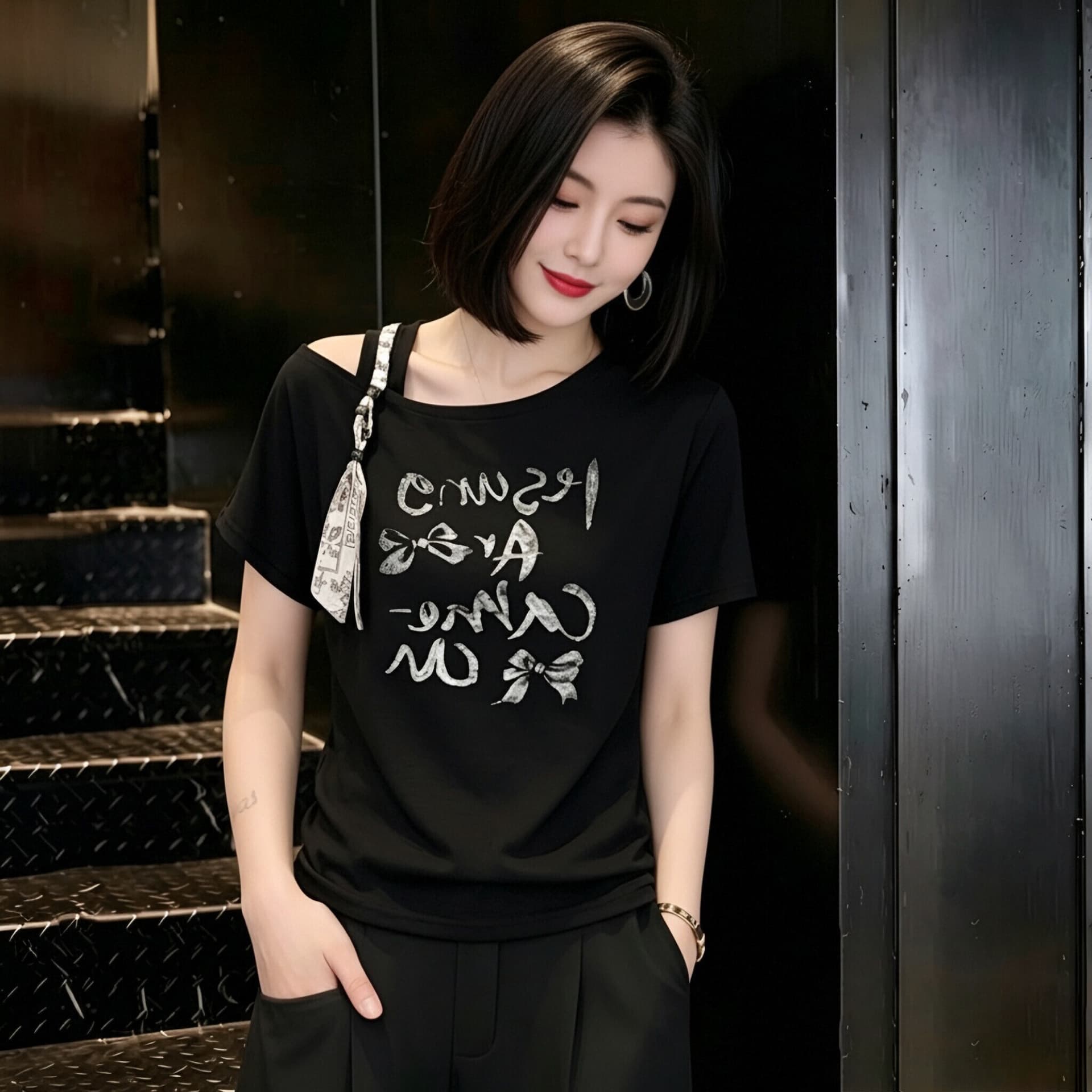 2026 여름 새로운 단추 비스듬한 어깨 디자인 센스 반팔 t 스카프 알파벳 프린트 티셔츠 여성 표지 배 슬림해 보이는 맨위 이미지 3