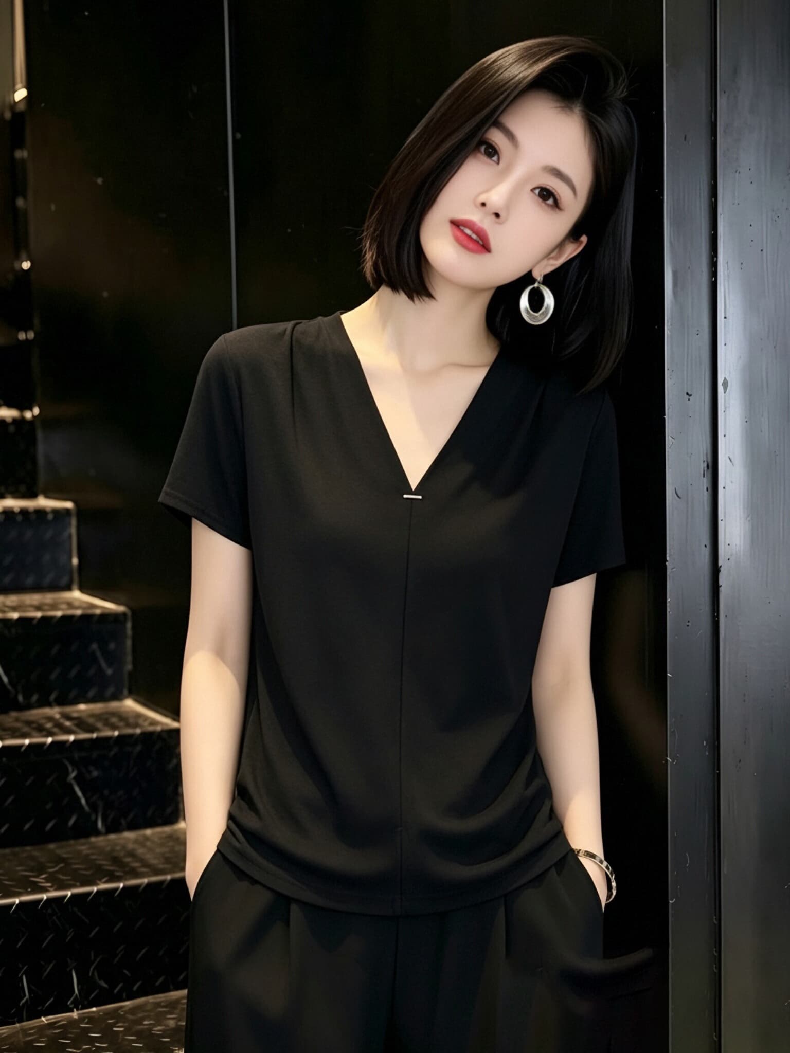 V넥 반팔 티셔츠 여성 2026 여름 새로운 한국 스타일 패션 미니멀리즘 루즈핏 슬림해 보이는 트임 다용도 캐주얼 맨위 상세 이미지 4