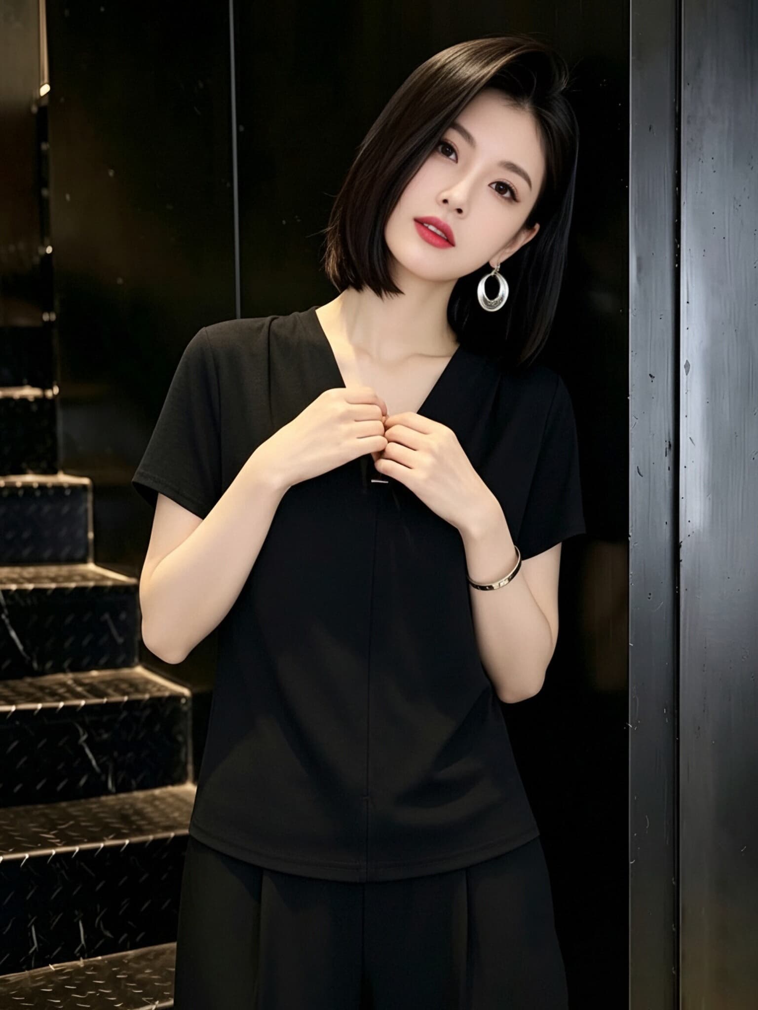 V넥 반팔 티셔츠 여성 2026 여름 새로운 한국 스타일 패션 미니멀리즘 루즈핏 슬림해 보이는 트임 다용도 캐주얼 맨위 상세 이미지 5