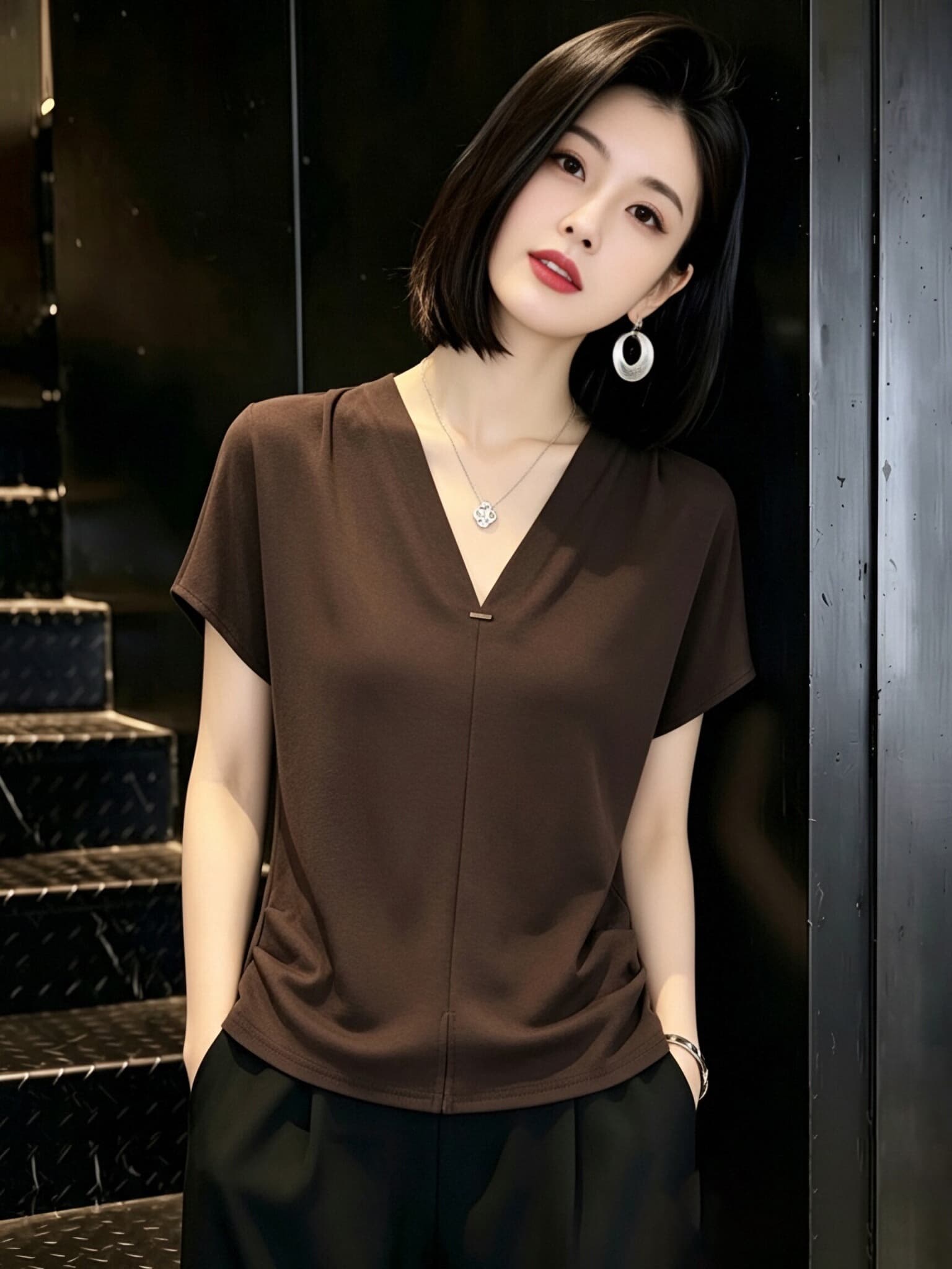 V넥 반팔 티셔츠 여성 2026 여름 새로운 한국 스타일 패션 미니멀리즘 루즈핏 슬림해 보이는 트임 다용도 캐주얼 맨위 상세 이미지 7