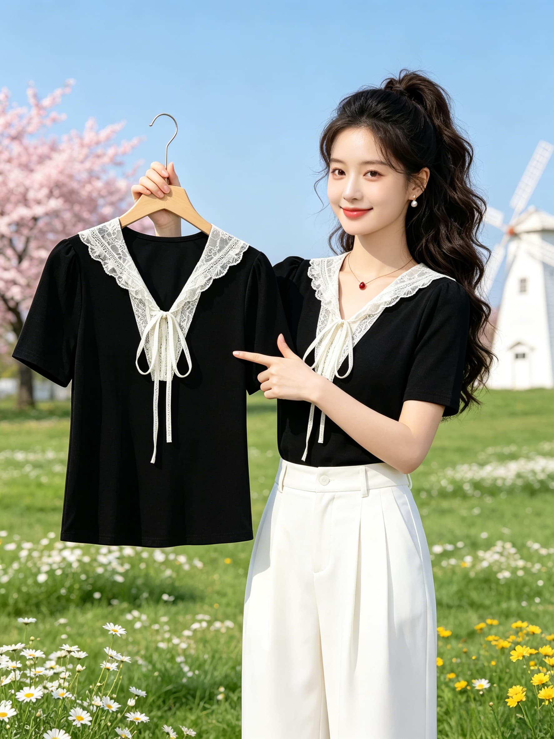 패션 디자인 센스 긍정적 인 어깨 해군 칼라 레이스업 티셔츠 여성 여름 새로운 패치워크 레이스 작은 셔츠 다용도 맨위 상세 이미지 2
