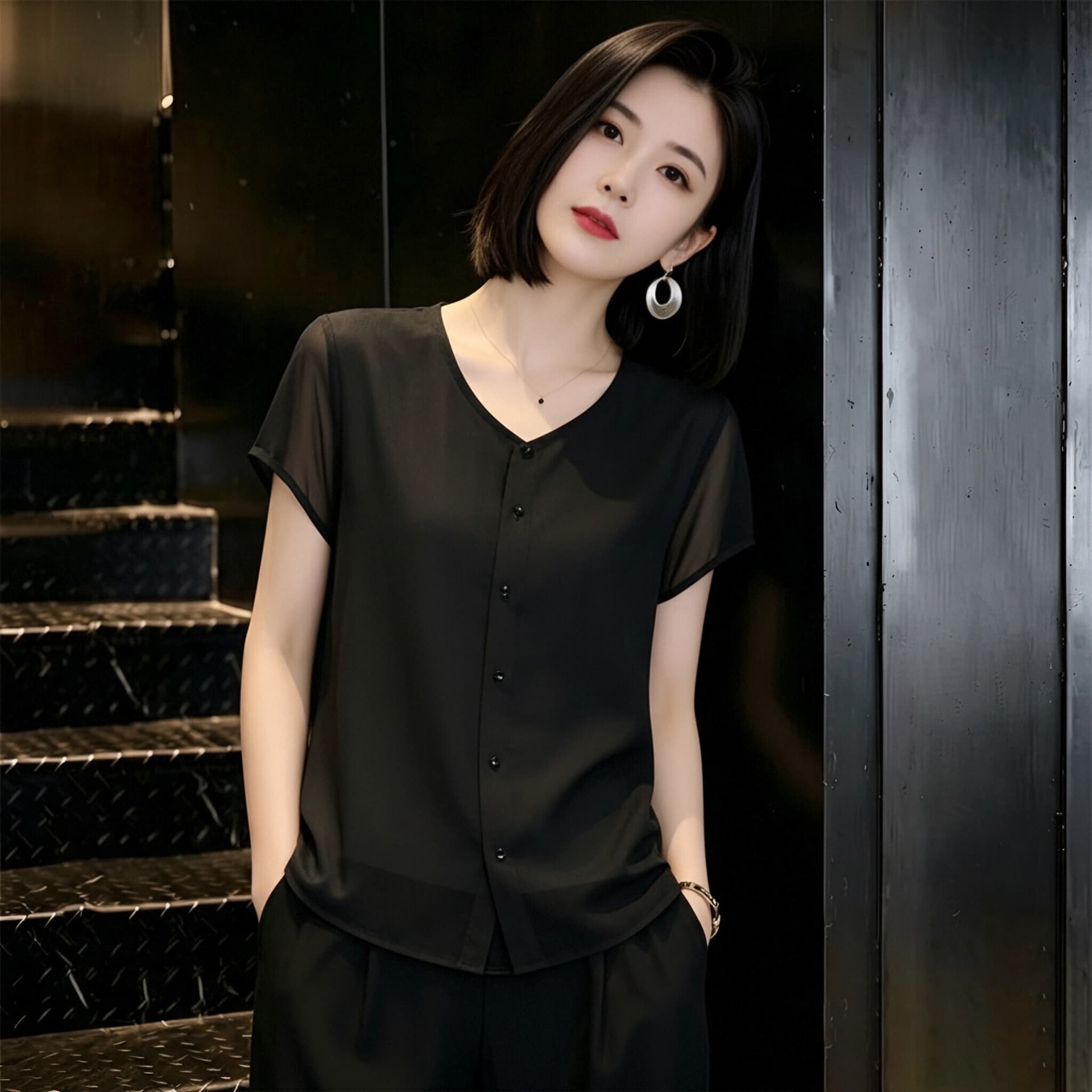새로운 어머니 드레스 단색 패치워크 라운드 넥 반팔 여성 셔츠 외국 가스 다용도 오픈 가디건 티셔츠 슬림해 보이는 연령 감소 맨위 이미지 3