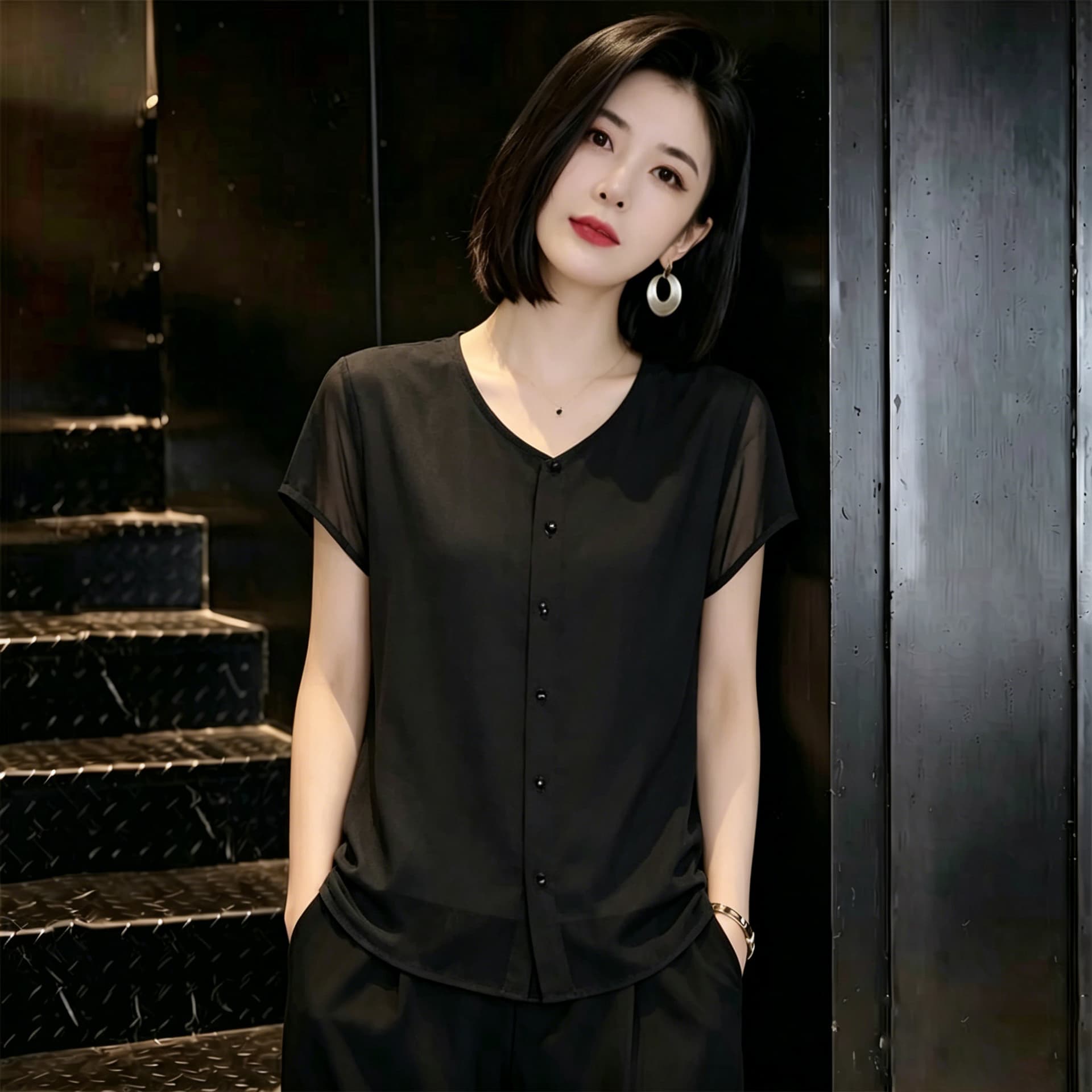 새로운 어머니 드레스 단색 패치워크 라운드 넥 반팔 여성 셔츠 외국 가스 다용도 오픈 가디건 티셔츠 슬림해 보이는 연령 감소 맨위