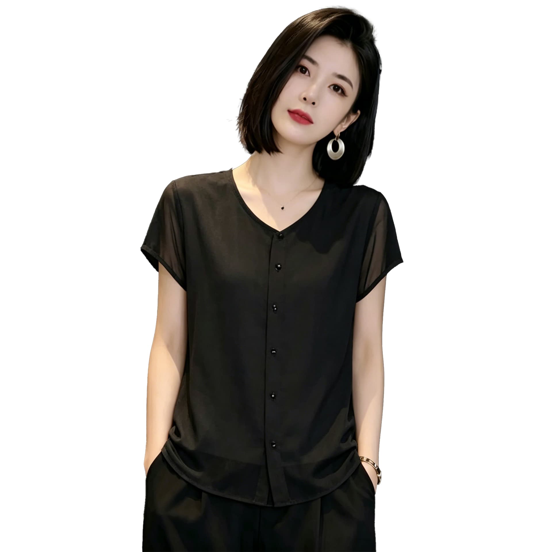 새로운 어머니 드레스 단색 패치워크 라운드 넥 반팔 여성 셔츠 외국 가스 다용도 오픈 가디건 티셔츠 슬림해 보이는 연령 감소 맨위 이미지 5