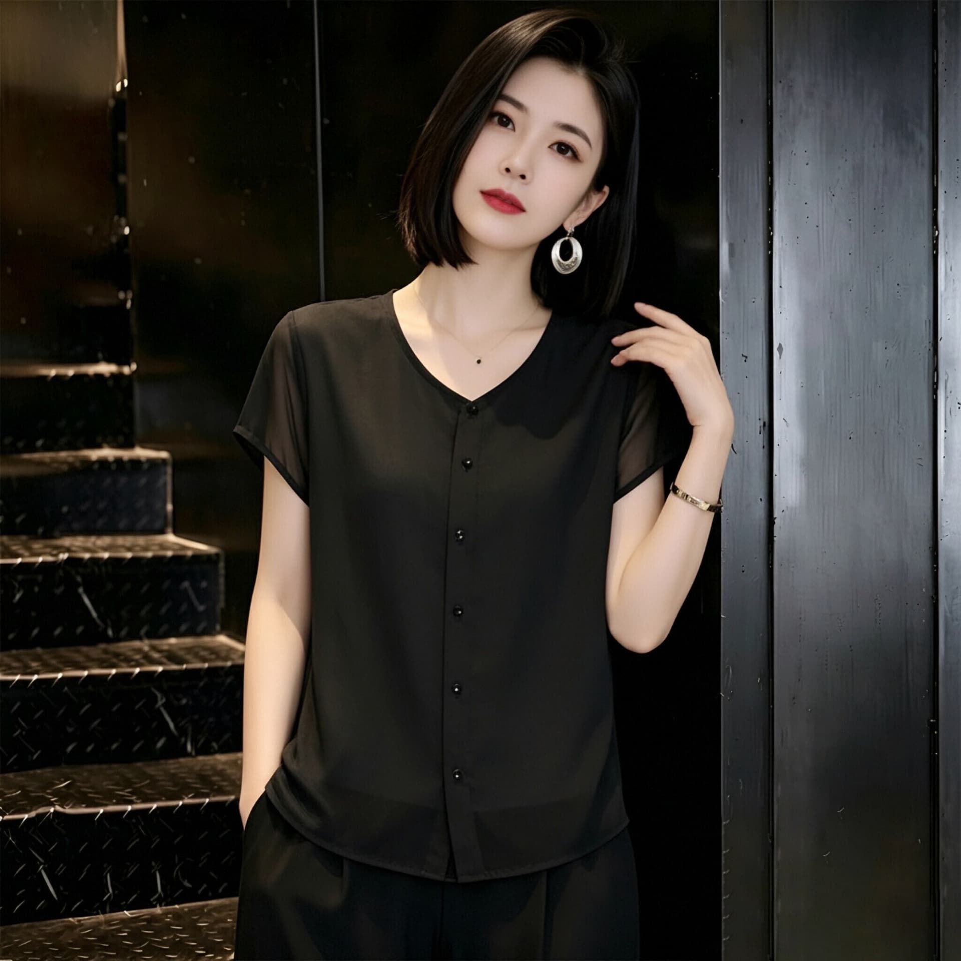 새로운 어머니 드레스 단색 패치워크 라운드 넥 반팔 여성 셔츠 외국 가스 다용도 오픈 가디건 티셔츠 슬림해 보이는 연령 감소 맨위 상세 이미지 6