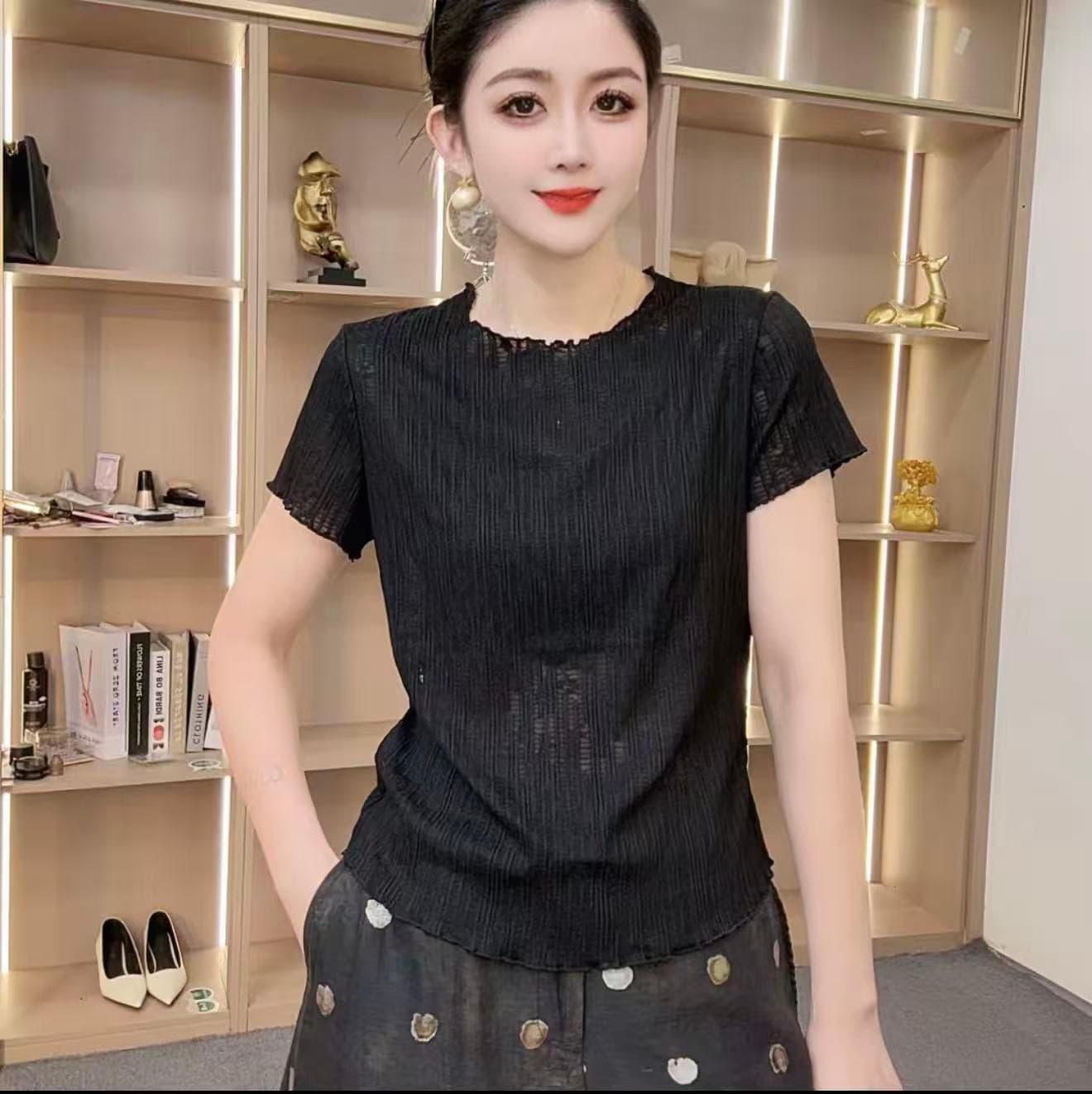 프릴 라운드 넥 반팔 티셔츠 여성 2026 여름 새로운 한국 스타일 수직 곡물 질감 얇은 스타일 출퇴근 다용도 맨위