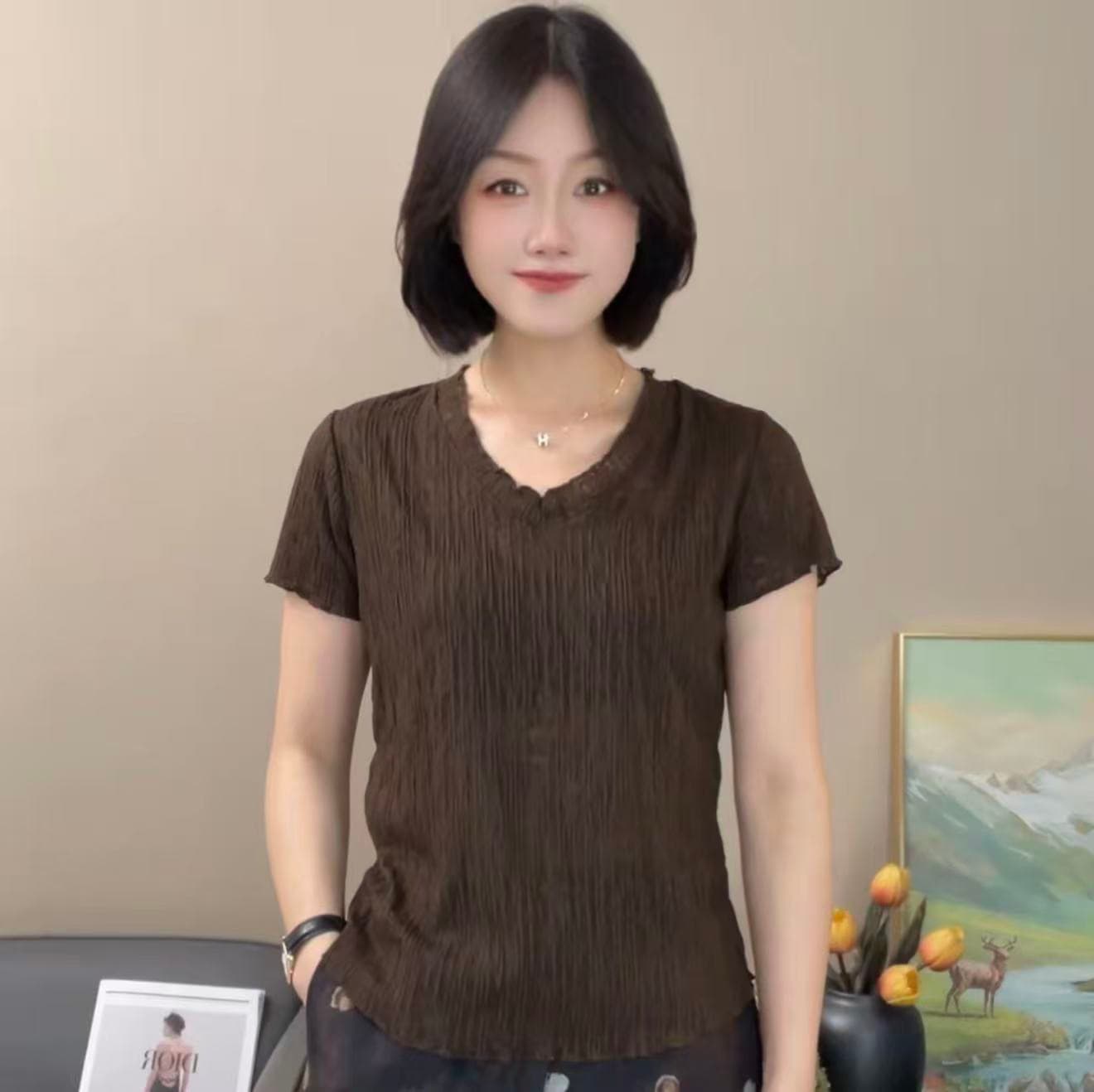 프릴 라운드 넥 반팔 티셔츠 여성 2026 여름 새로운 한국 스타일 수직 곡물 질감 얇은 스타일 출퇴근 다용도 맨위 상세 이미지 14