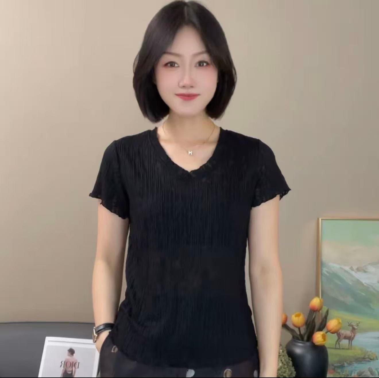 프릴 라운드 넥 반팔 티셔츠 여성 2026 여름 새로운 한국 스타일 수직 곡물 질감 얇은 스타일 출퇴근 다용도 맨위 상세 이미지 15