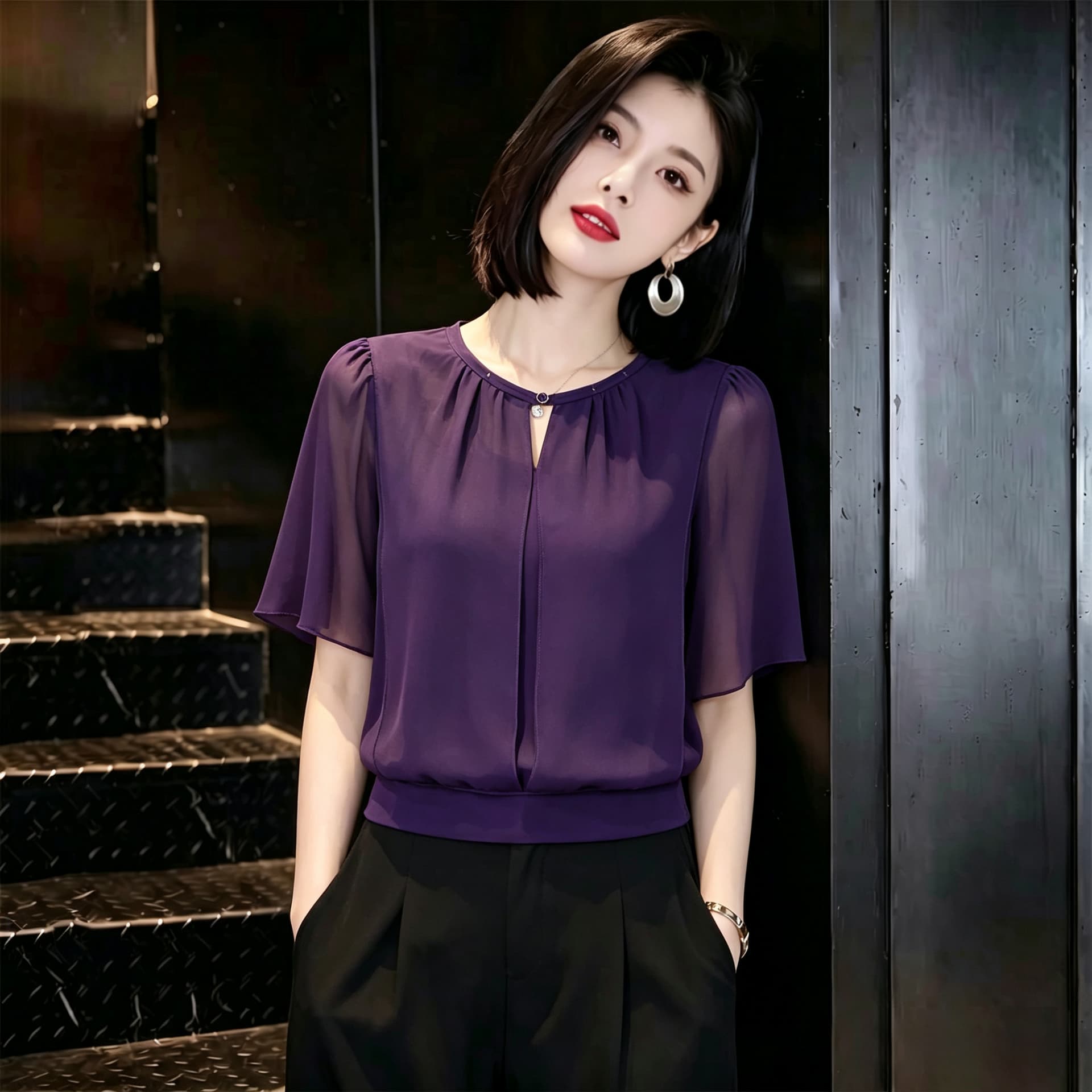 빛 럭셔리 고급 센스 반팔 시폰 셔츠 여성 여름 드레스 새로운 루즈핏 표지 배 작은 셔츠 Chic 외국 가스 쇼트 스타일 맨위 이미지 2