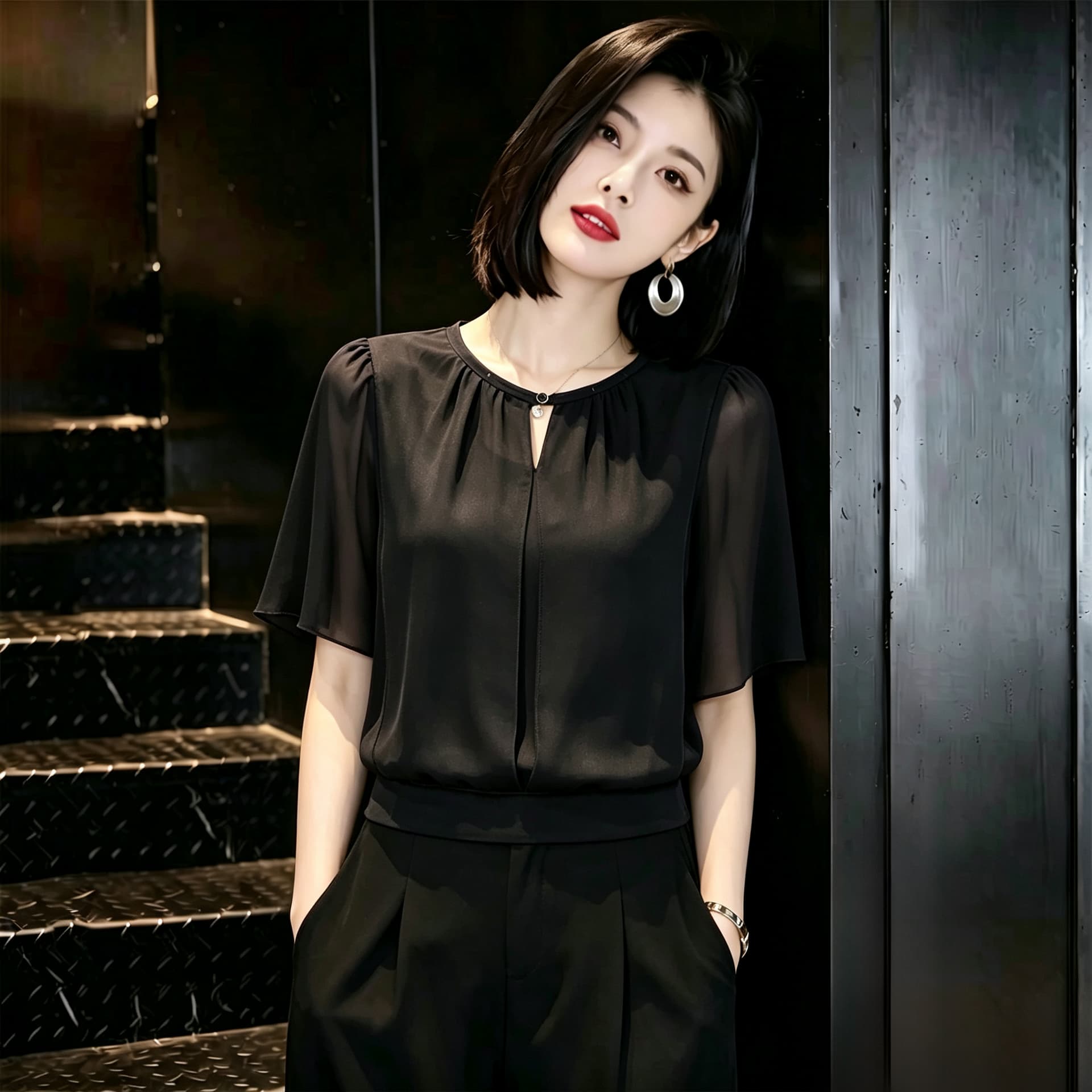 빛 럭셔리 고급 센스 반팔 시폰 셔츠 여성 여름 드레스 새로운 루즈핏 표지 배 작은 셔츠 Chic 외국 가스 쇼트 스타일 맨위 이미지 5