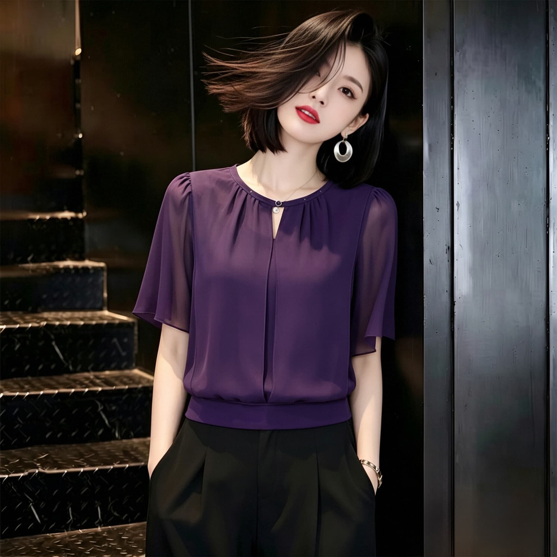 빛 럭셔리 고급 센스 반팔 시폰 셔츠 여성 여름 드레스 새로운 루즈핏 표지 배 작은 셔츠 Chic 외국 가스 쇼트 스타일 맨위 이미지 4