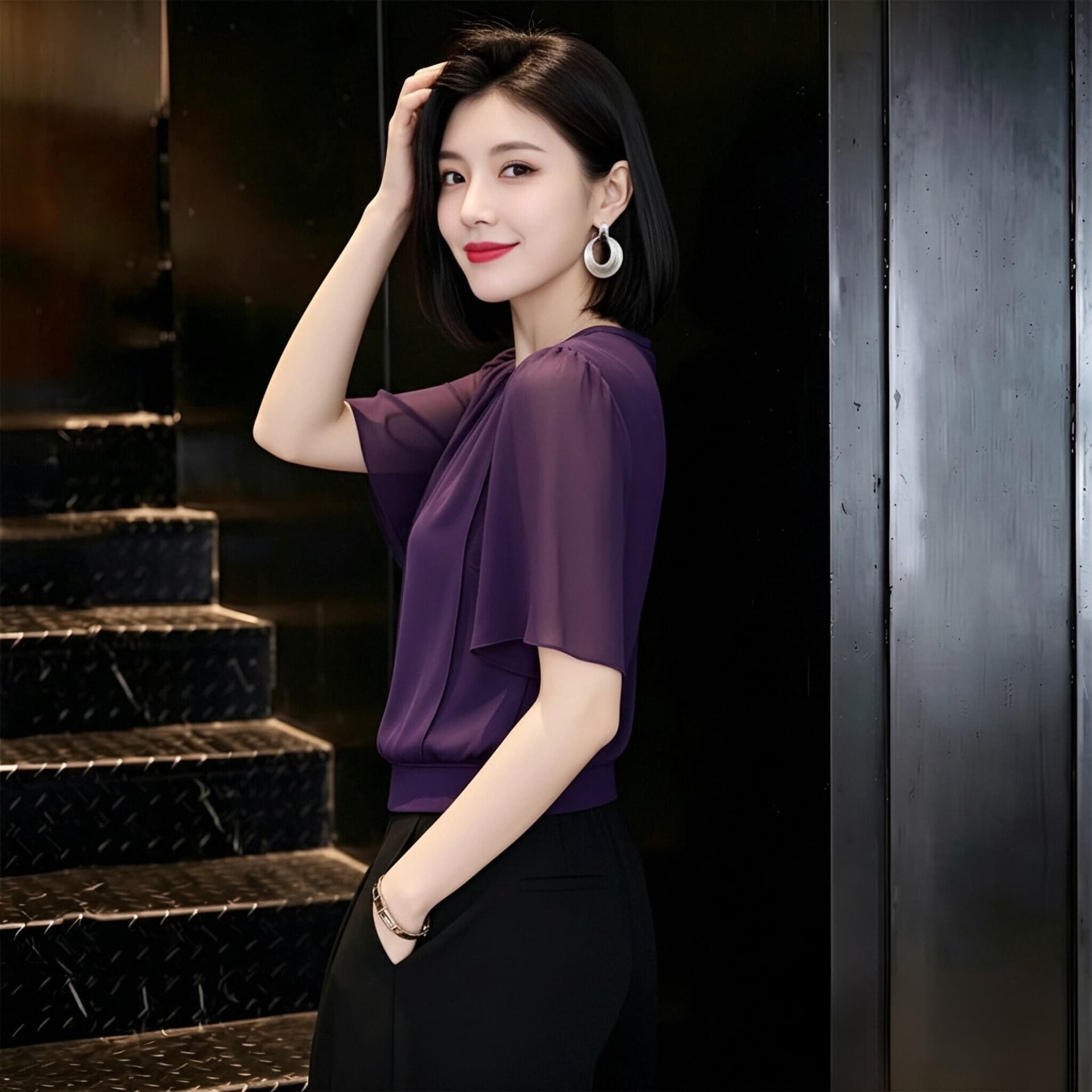 빛 럭셔리 고급 센스 반팔 시폰 셔츠 여성 여름 드레스 새로운 루즈핏 표지 배 작은 셔츠 Chic 외국 가스 쇼트 스타일 맨위 상세 이미지 4