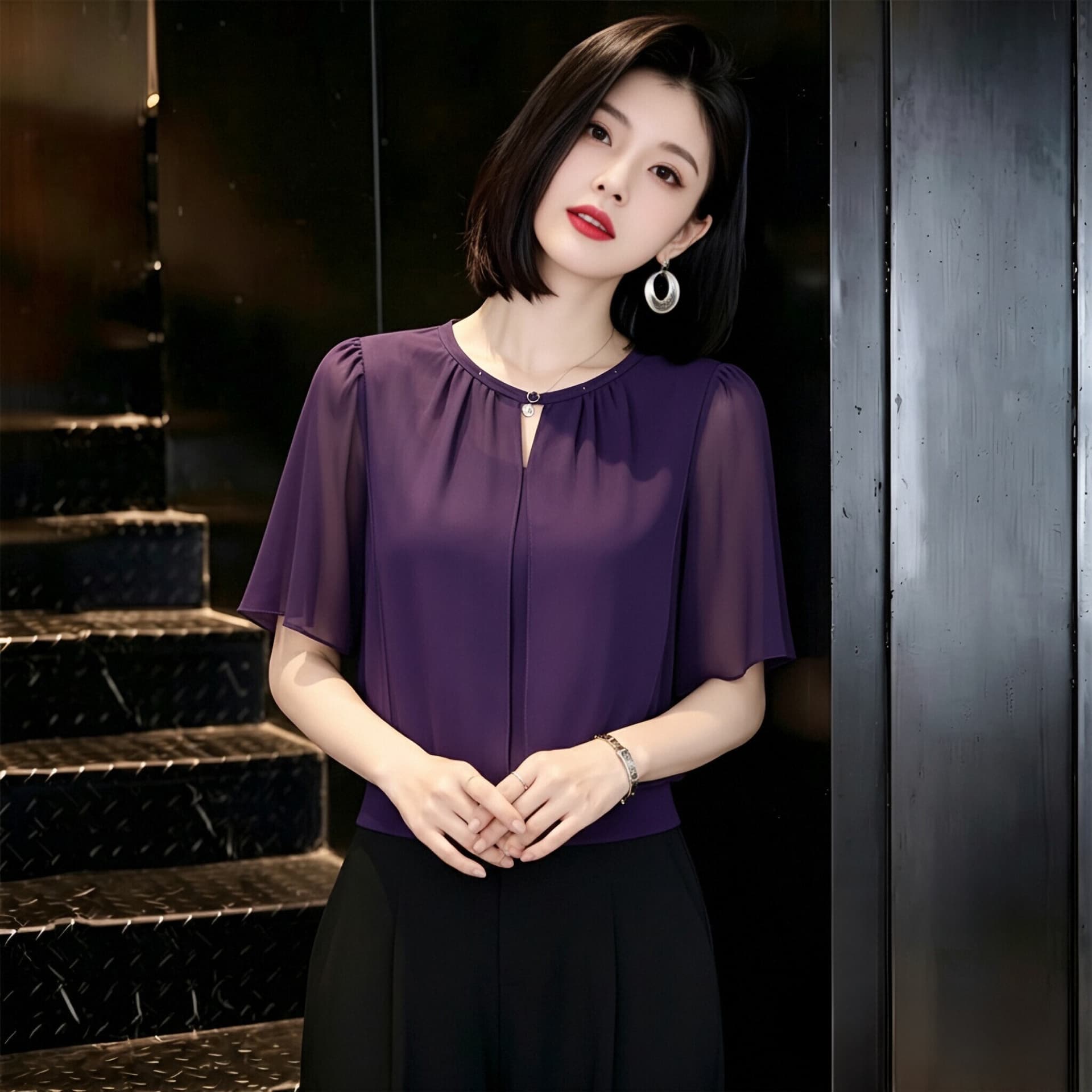 빛 럭셔리 고급 센스 반팔 시폰 셔츠 여성 여름 드레스 새로운 루즈핏 표지 배 작은 셔츠 Chic 외국 가스 쇼트 스타일 맨위 상세 이미지 5