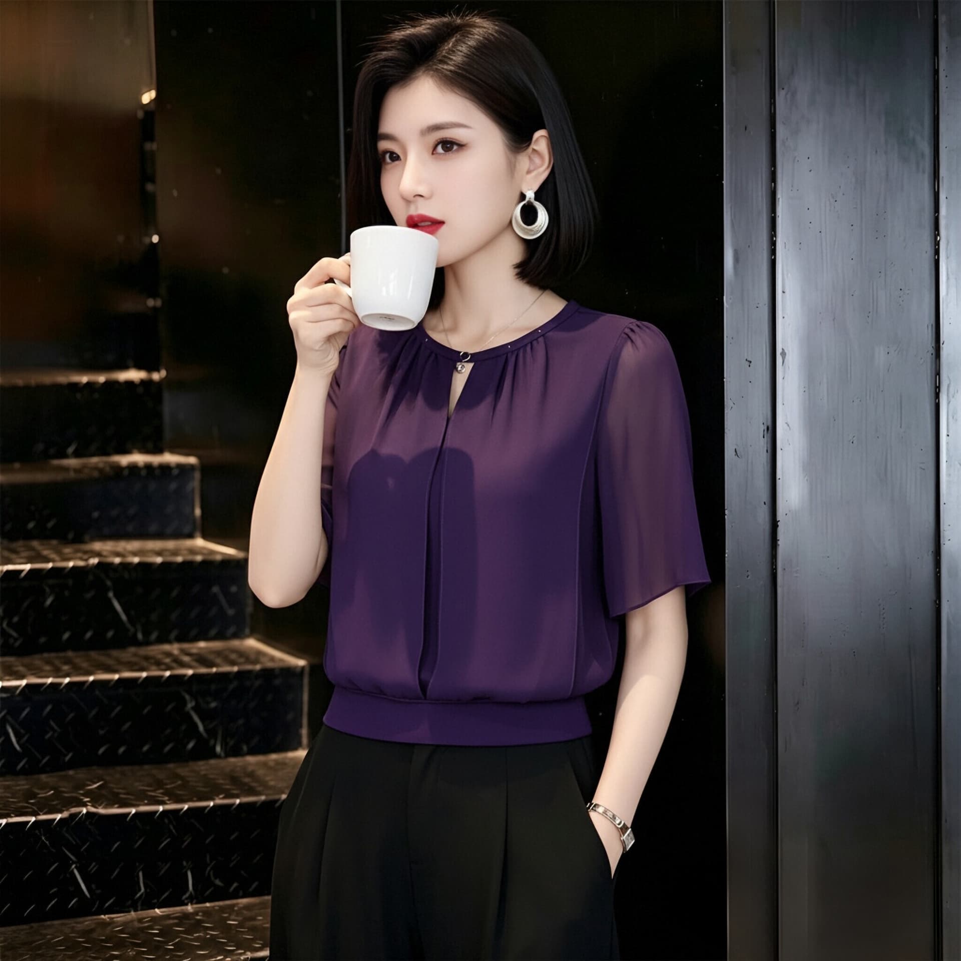 빛 럭셔리 고급 센스 반팔 시폰 셔츠 여성 여름 드레스 새로운 루즈핏 표지 배 작은 셔츠 Chic 외국 가스 쇼트 스타일 맨위 상세 이미지 6