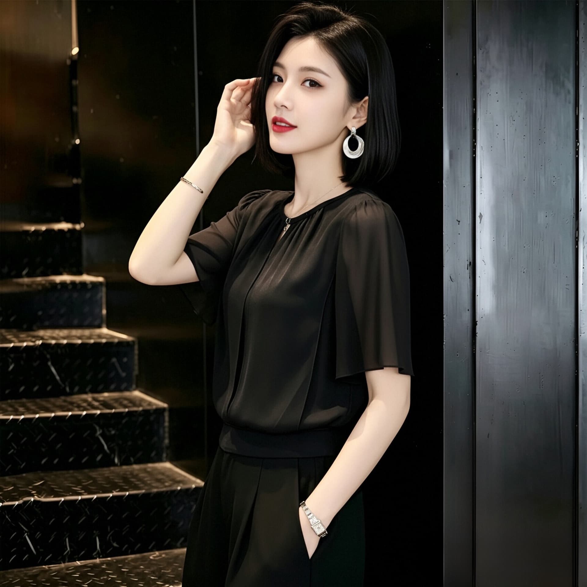 빛 럭셔리 고급 센스 반팔 시폰 셔츠 여성 여름 드레스 새로운 루즈핏 표지 배 작은 셔츠 Chic 외국 가스 쇼트 스타일 맨위 상세 이미지 9