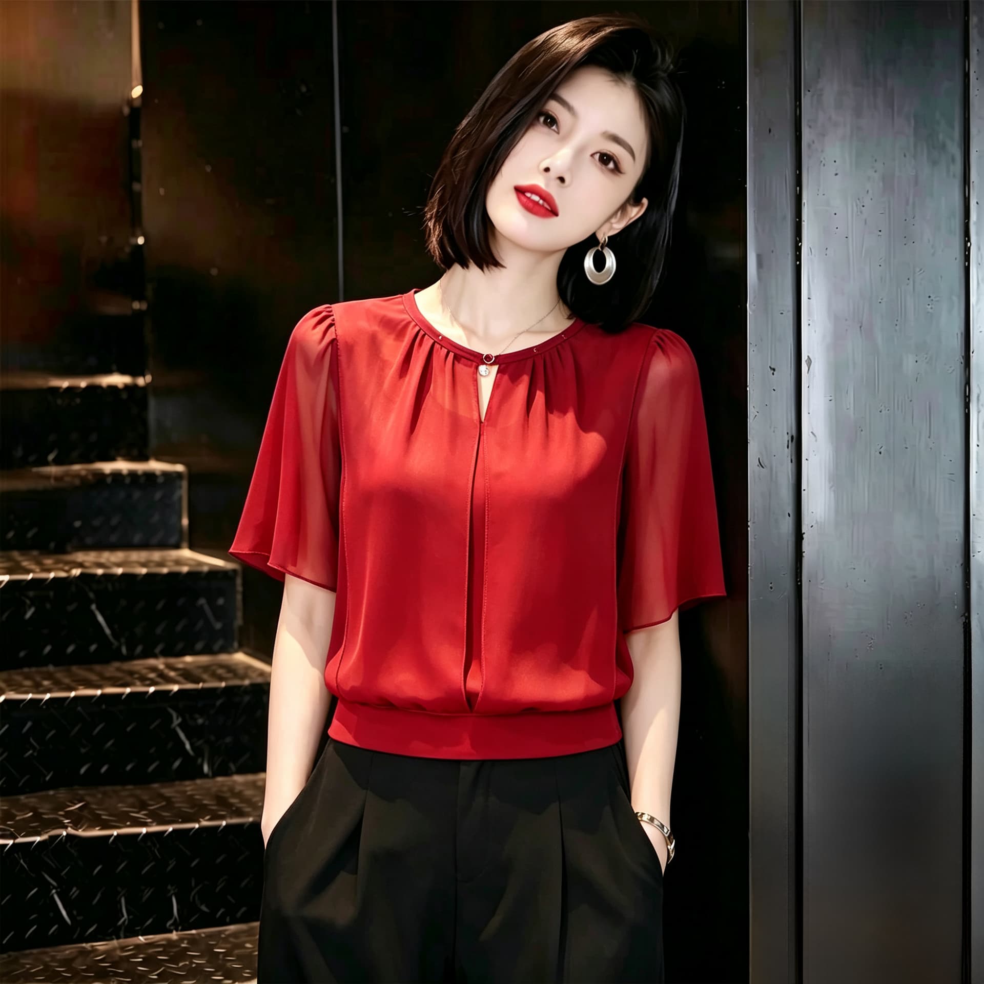 빛 럭셔리 고급 센스 반팔 시폰 셔츠 여성 여름 드레스 새로운 루즈핏 표지 배 작은 셔츠 Chic 외국 가스 쇼트 스타일 맨위 상세 이미지 12