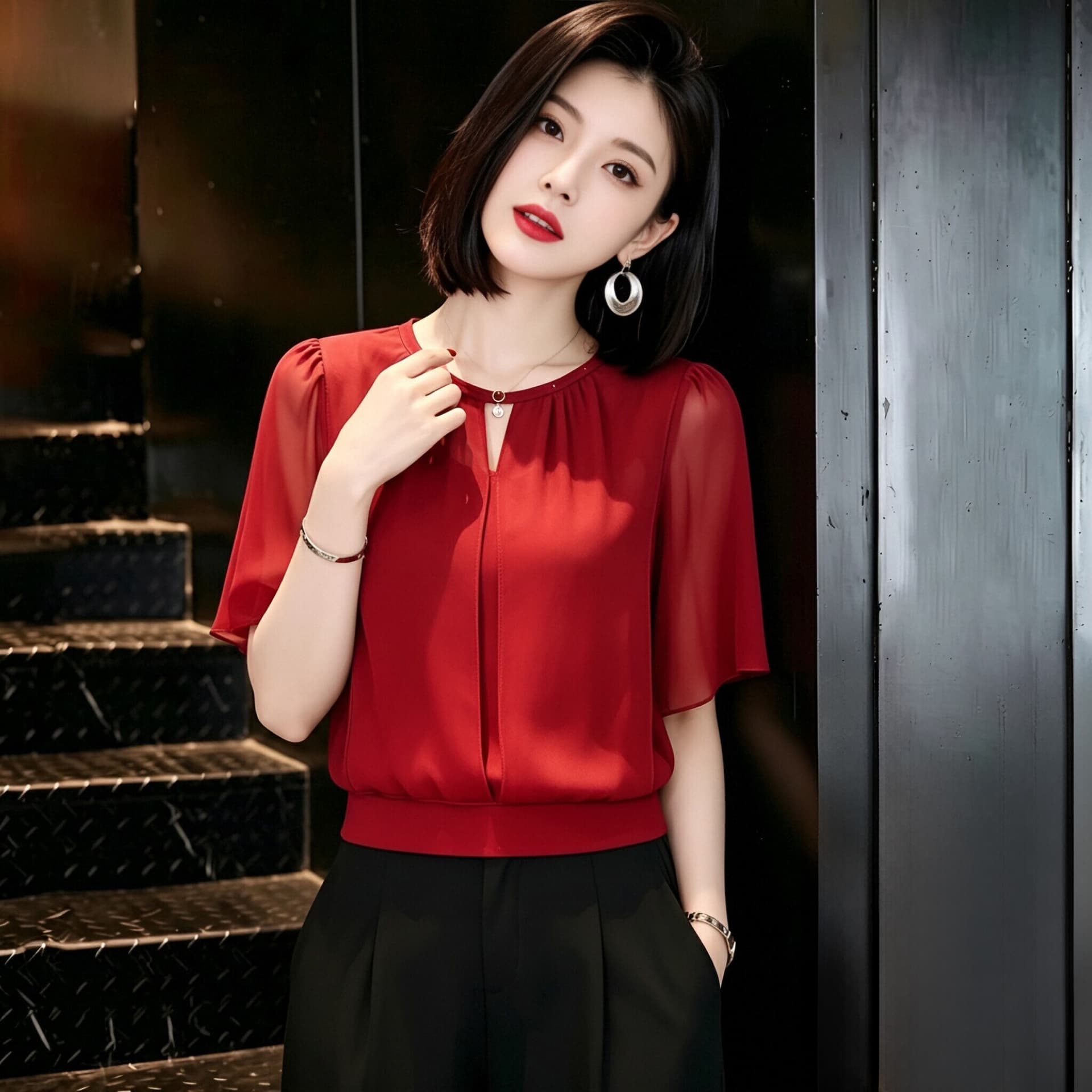 빛 럭셔리 고급 센스 반팔 시폰 셔츠 여성 여름 드레스 새로운 루즈핏 표지 배 작은 셔츠 Chic 외국 가스 쇼트 스타일 맨위 상세 이미지 14