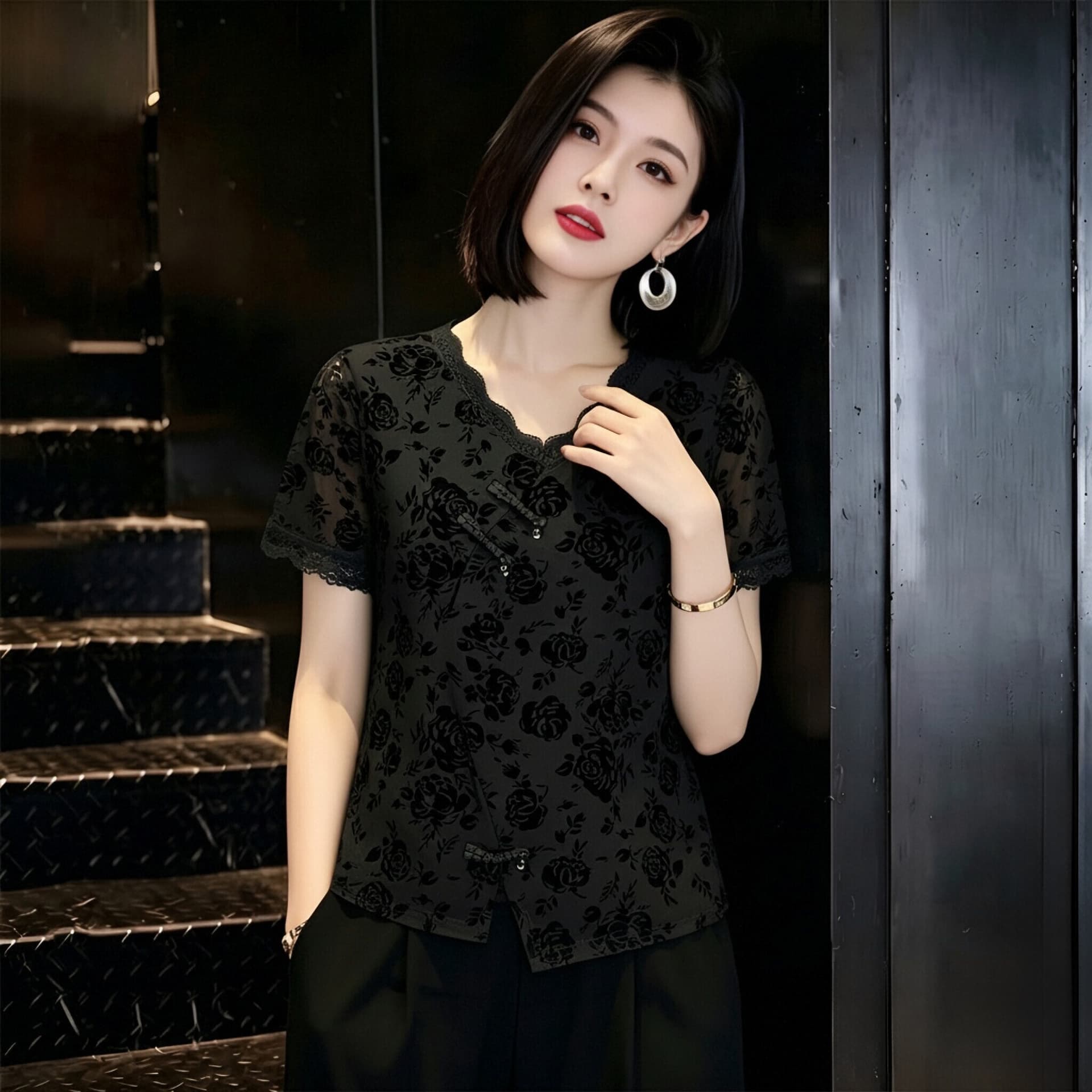 국풍 단추 식물 플러시 레이스 망사 반팔 티셔츠 여성 여름 드레스 품격 V넥 작은 셔츠 잘 생긴 외국 가스 엄마 맨위 이미지 4