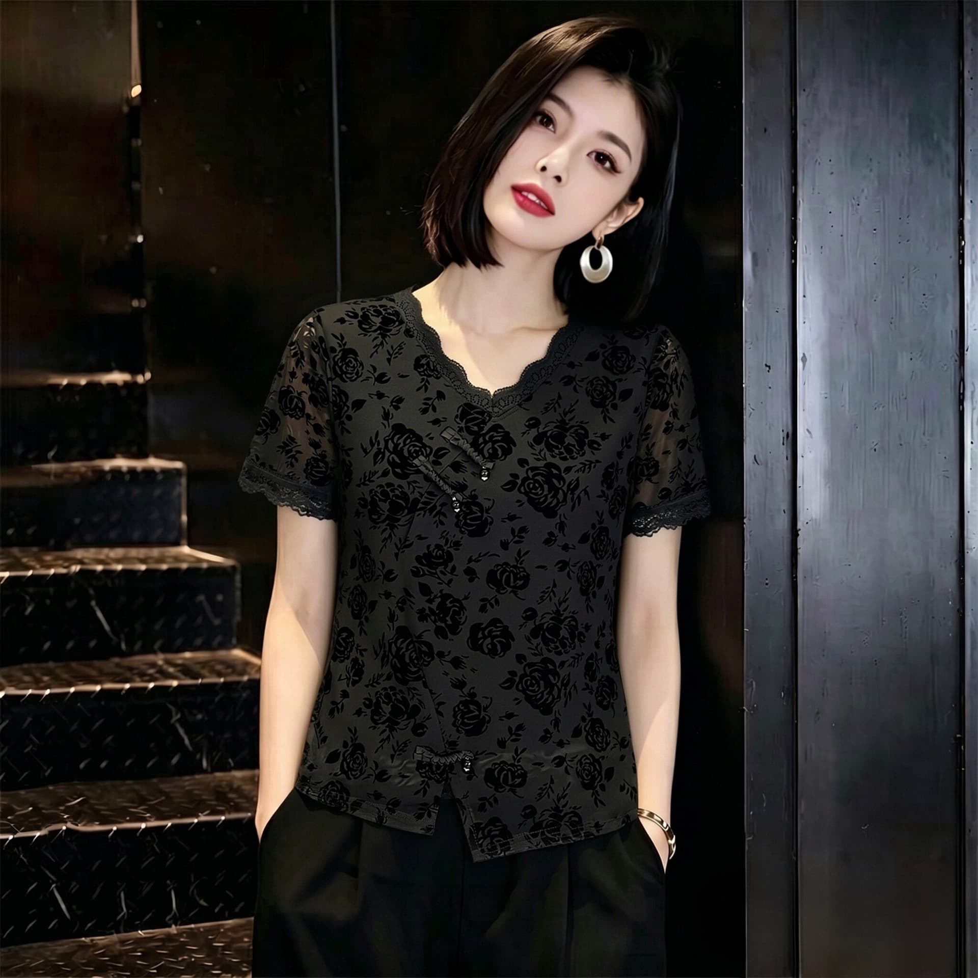 국풍 단추 식물 플러시 레이스 망사 반팔 티셔츠 여성 여름 드레스 품격 V넥 작은 셔츠 잘 생긴 외국 가스 엄마 맨위 상세 이미지 2