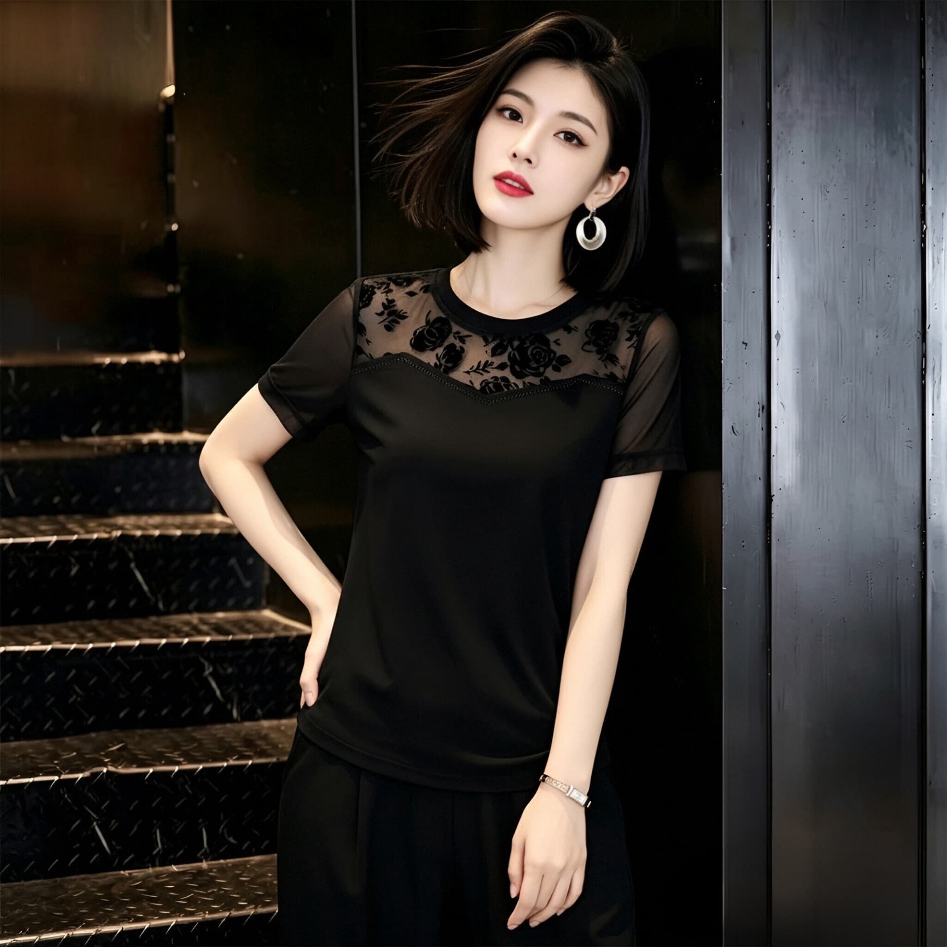 검정색 망사 긍정적 인 어깨 반팔 티셔츠 여성 2026 새로운 여름 몸매 가꾸기 기본 셔츠 인사이드 가져 가라. 외출용 외국 가스 맨위 상세 이미지 4
